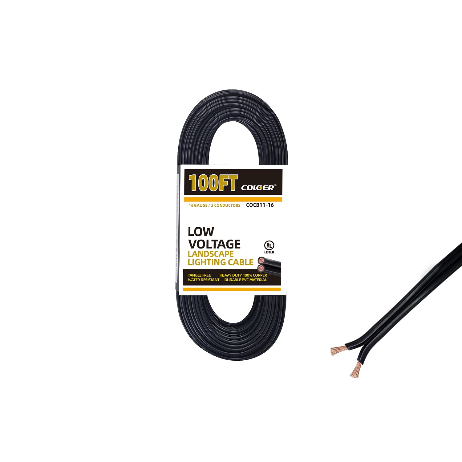COLOER 100-foot low voltage landscape lighting cable, 16 gauge pure copper with two conductors, outdoor direct burial cable for landscape lighting