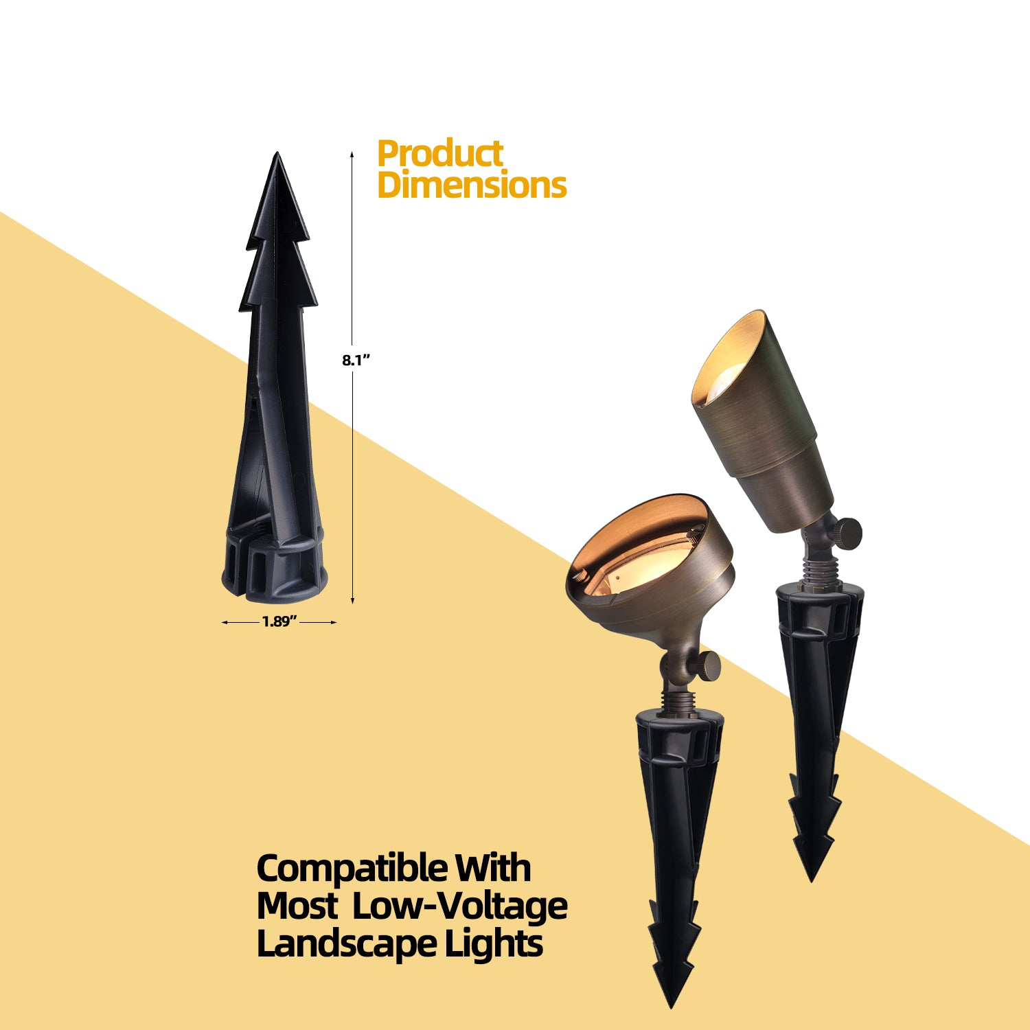 PVC landscape lights ground stake spike replacement with dimensions 8.1 inches height and 1.89 inches diameter, compatible with low-voltage landscape lights.