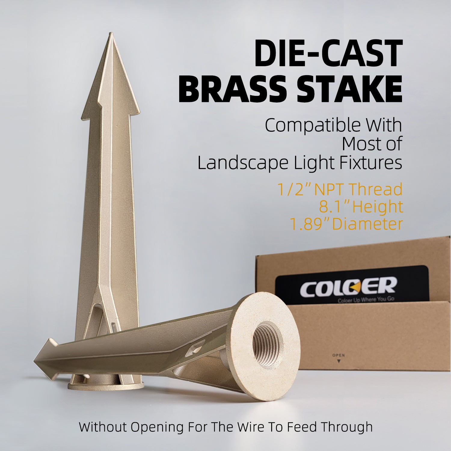 Die-cast brass landscape light stakes by COLGER with 1/2" NPT thread, 8.1" height, 1.89" diameter, and no wire opening, shown with packaging