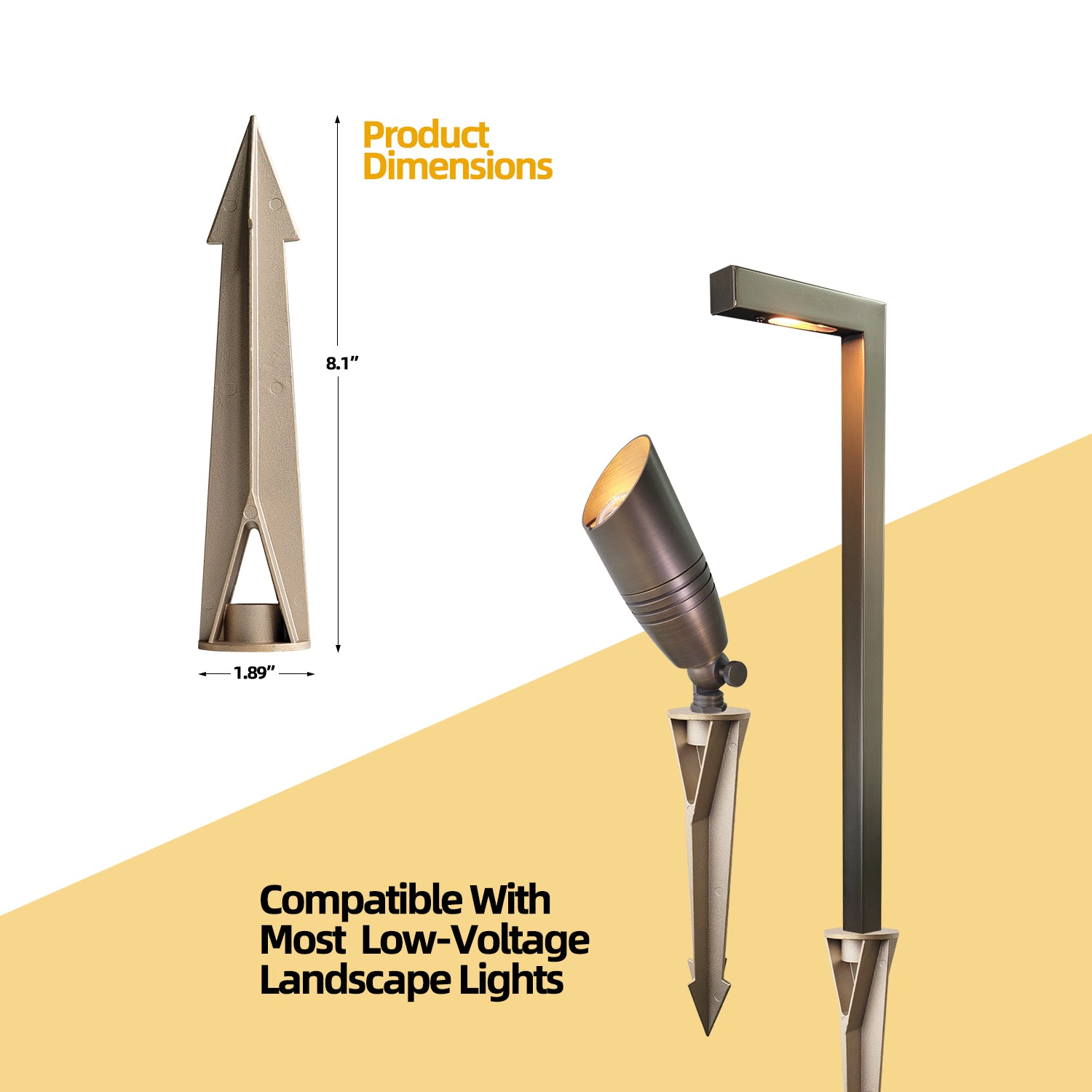 Brass landscape light ground stake, 8.1 inches high by 1.89 inches wide, compatible with most low-voltage landscape lights