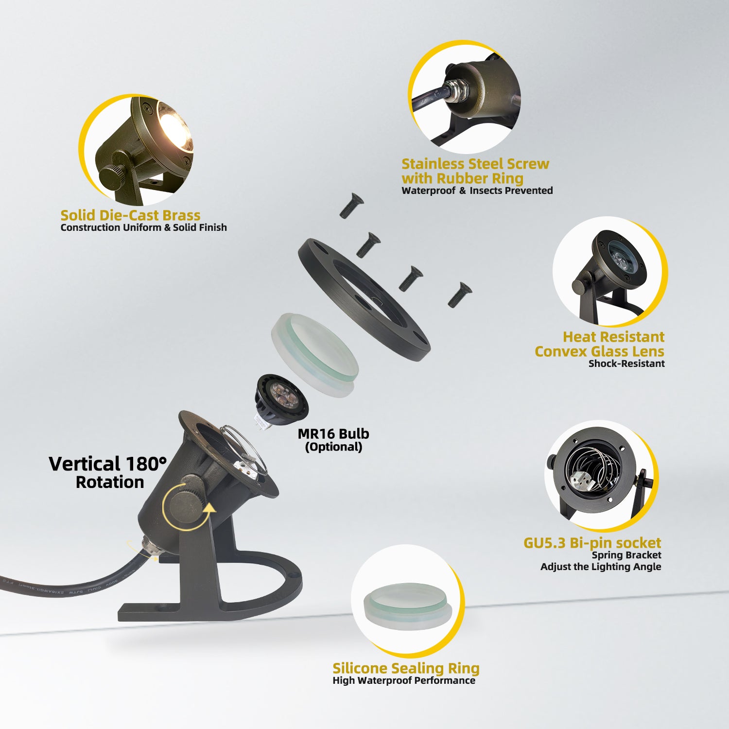 Components and features of COU1201B brass underwater light including solid brass construction, stainless steel screw, heat-resistant lens, 180-degree rotation, optional MR16 bulb, bi-pin socket and silicone sealing ring.