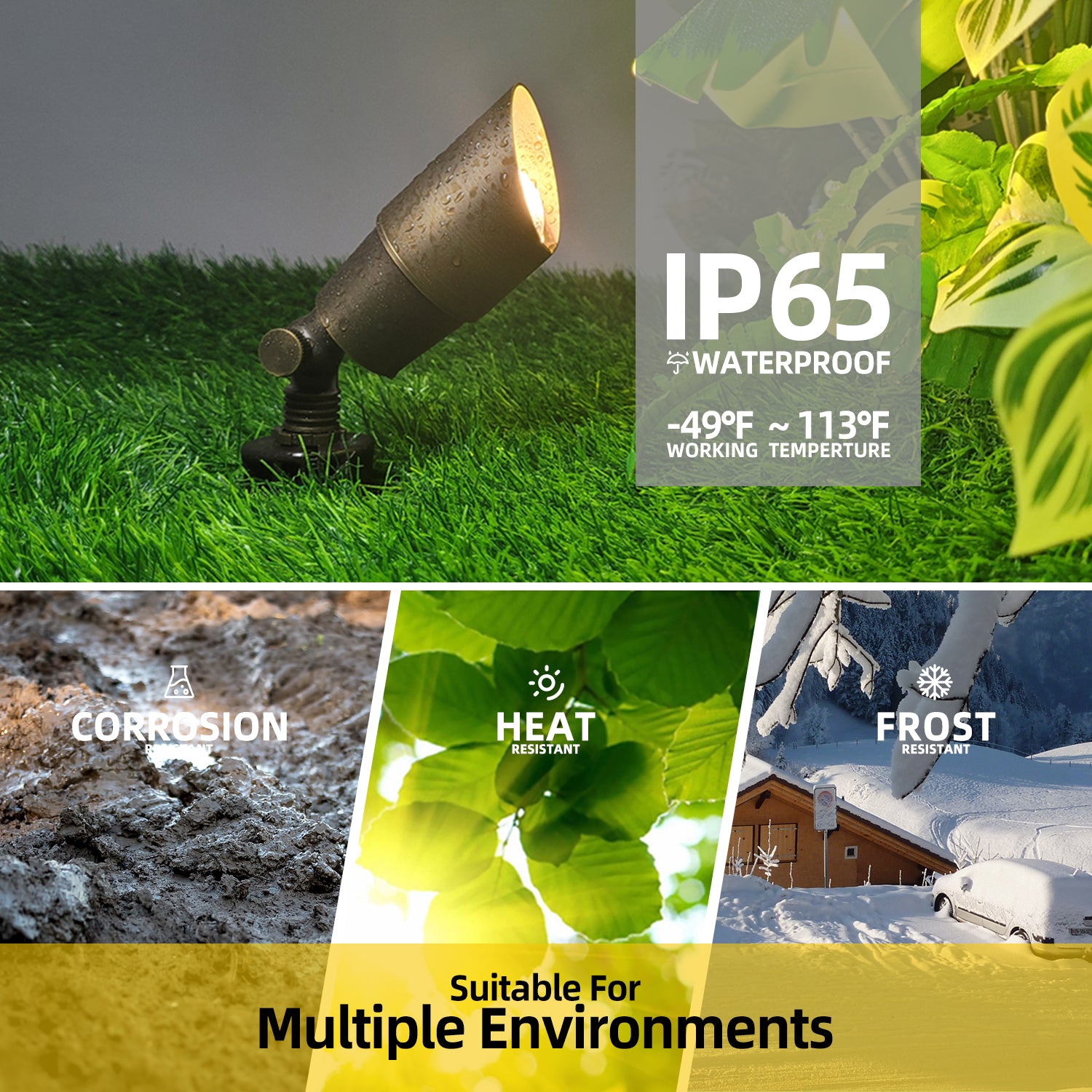 Brass LED landscape spotlight in garden, IP65 waterproof rating, operational from -49°F to 113°F, corrosion, heat, and frost resistant.