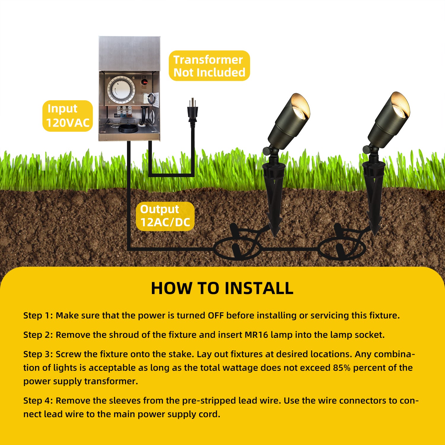 Installation guide for the Low Voltage LED Brass Landscape Spotlights, COA101B model, showing connections to power source and step-by-step instructions.