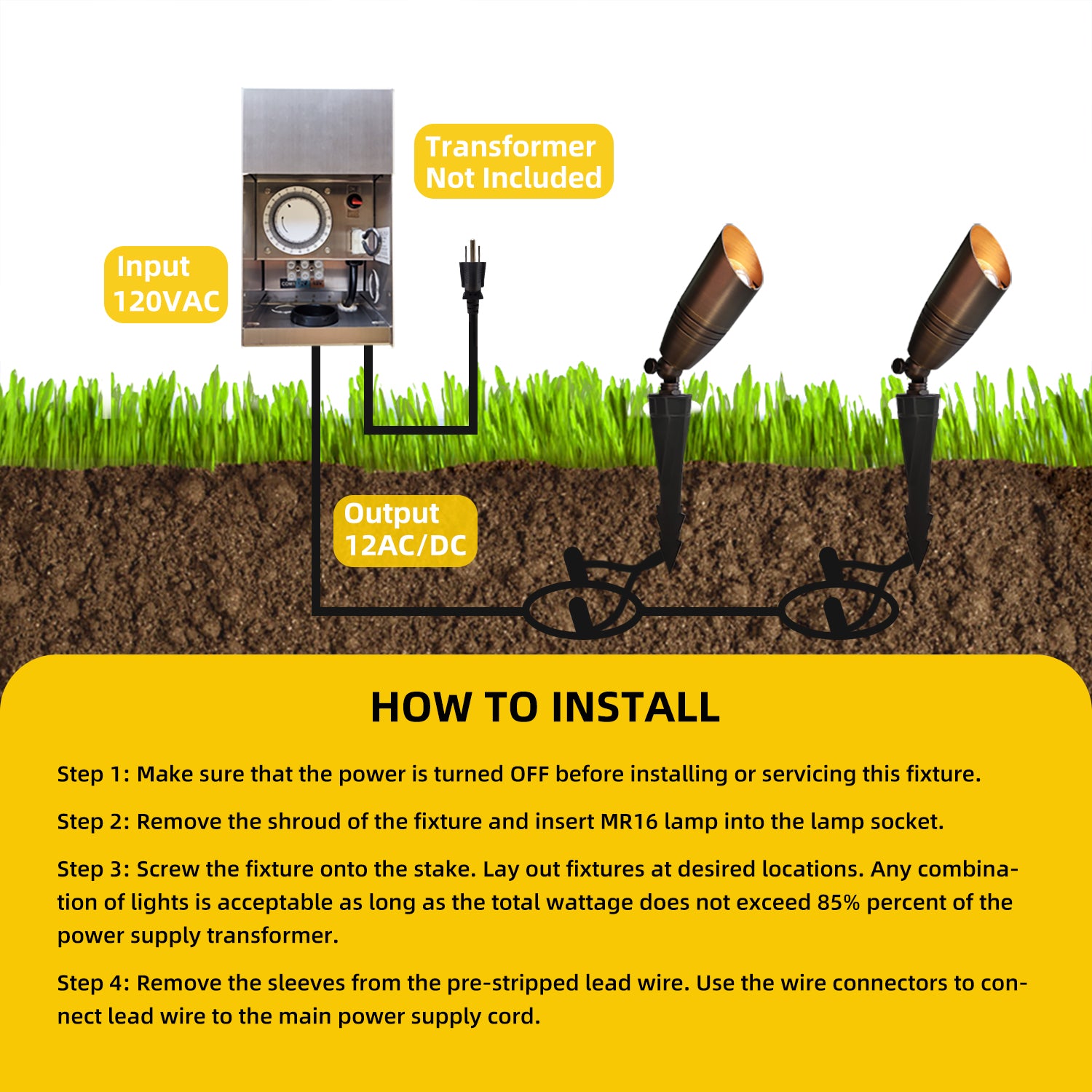 Installation guide for brass LED landscape lighting with adjustable spotlights, detailing steps for securing and connecting fixtures and power source. Transformer not included.
