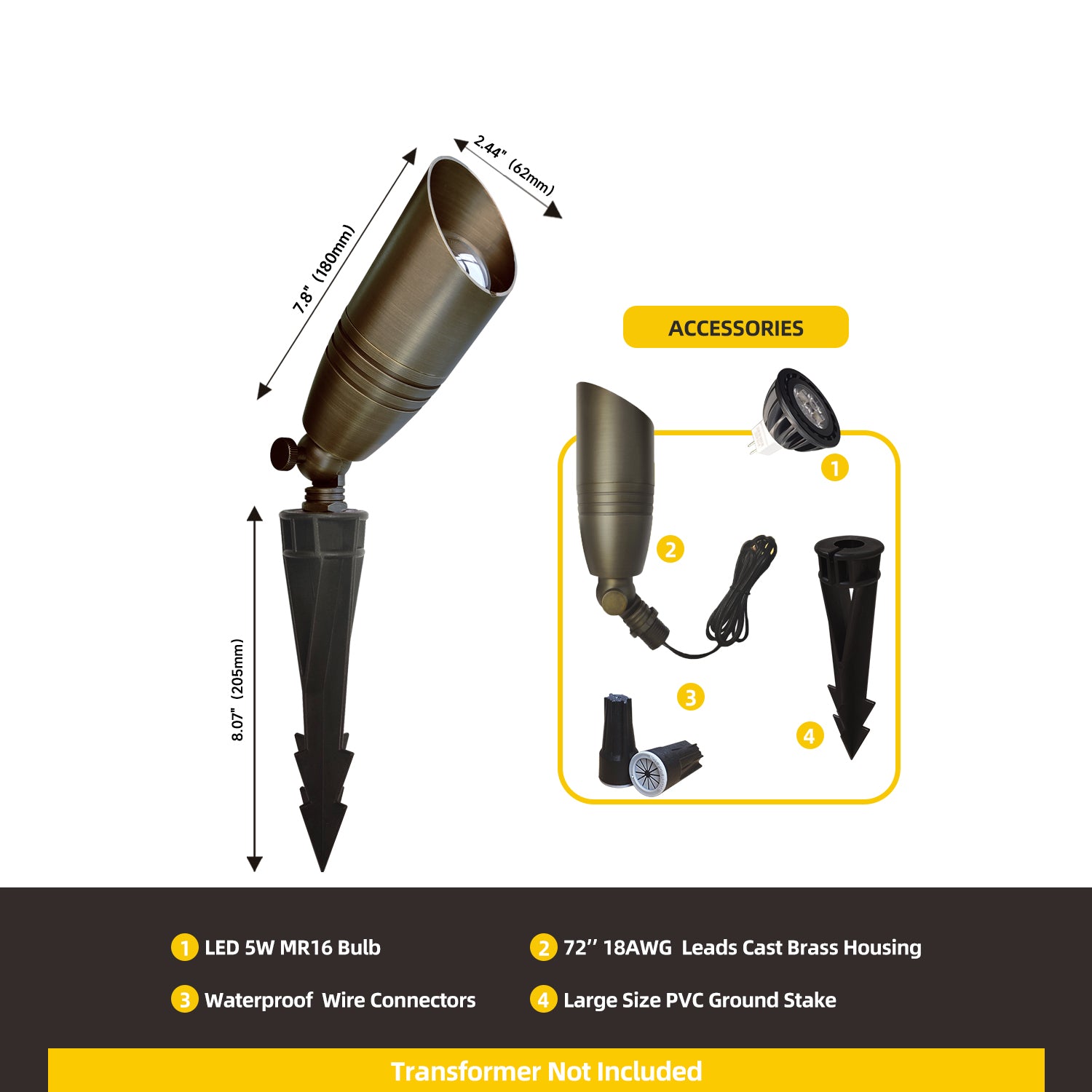 Components of the die-cast brass LED landscape spotlight COA102B including 5W MR16 bulb, brass housing, waterproof wire connectors, and PVC ground stake. Transformer not included.