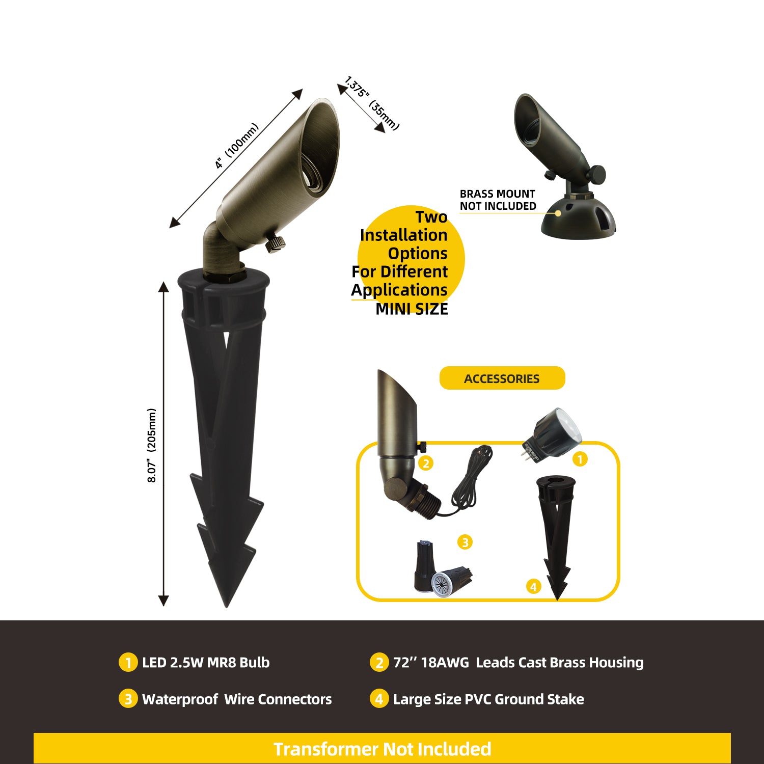 Infographic of mini size brass low voltage outdoor spotlight COA104B featuring two installation options (ground spike and brass mount), accessories (LED bulb, wire connectors, PVC ground stake), and transformer not included