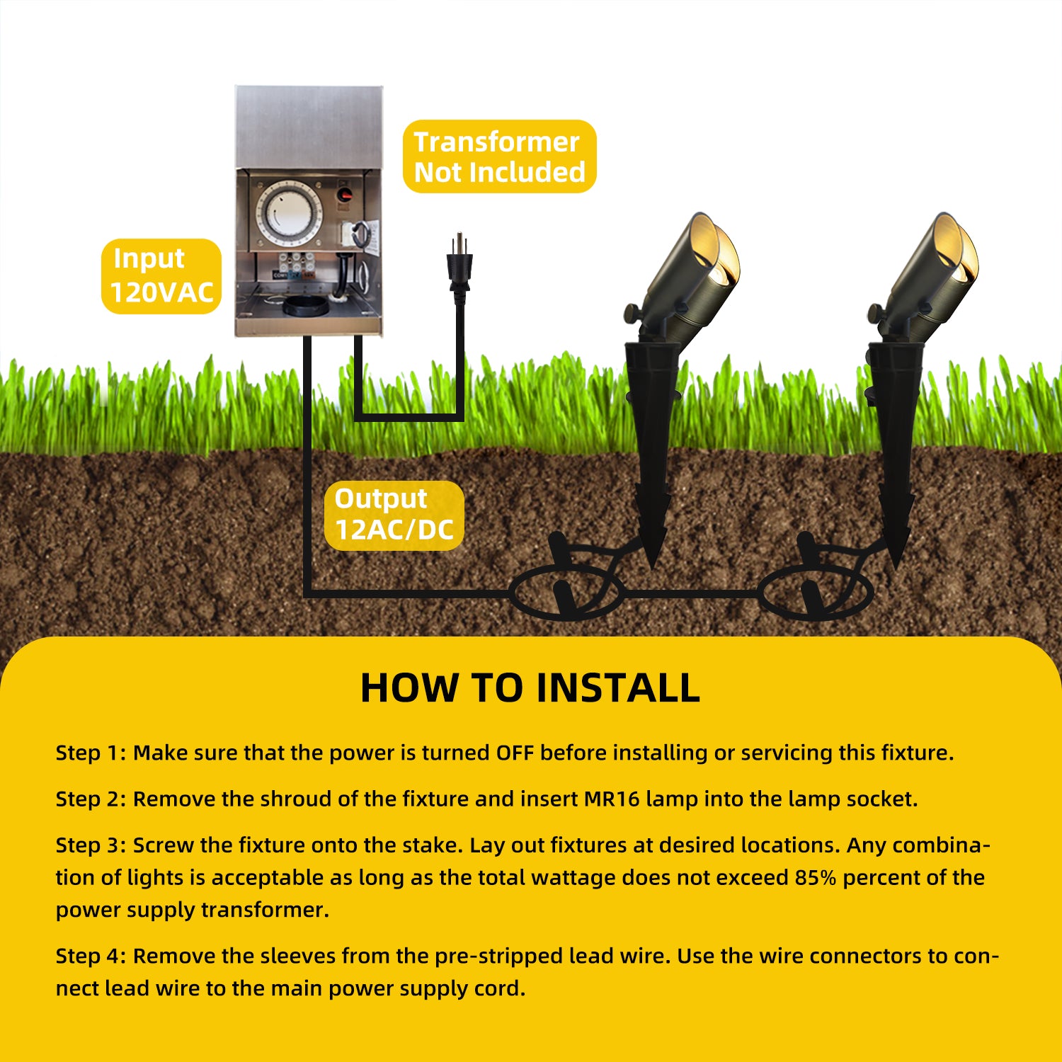 Illustrated installation guide for COA104B low voltage brass outdoor spotlights, showing 120VAC input, 12AC/DC output, and step-by-step instructions