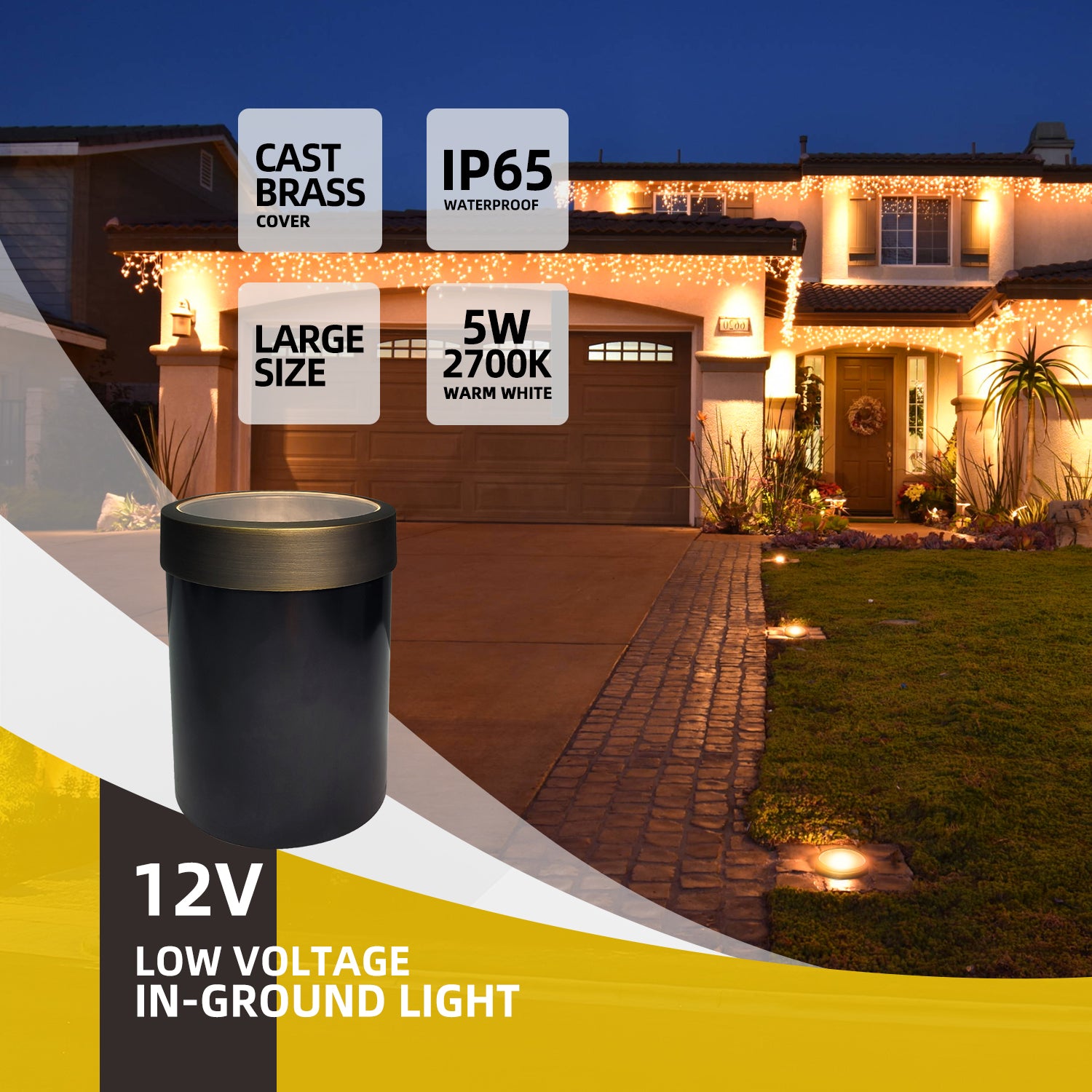 Large house lit up with 12V low voltage LED in-ground pathway lights, featuring cast brass cover, IP65 waterproof, 5W 2700K warm white light, perfect for outdoor pathway lighting at night.