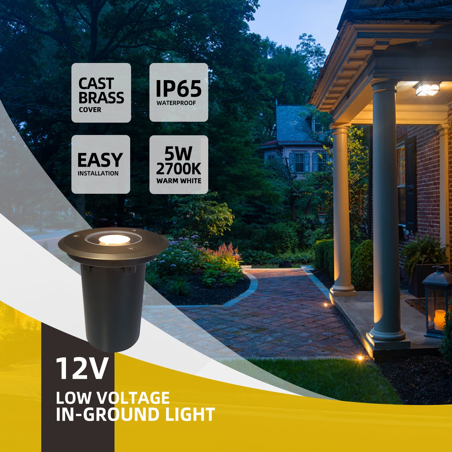 12V low voltage in-ground light with cast brass cover, IP65 waterproof rating, easy installation, and 5W 2700K warm white light in a garden