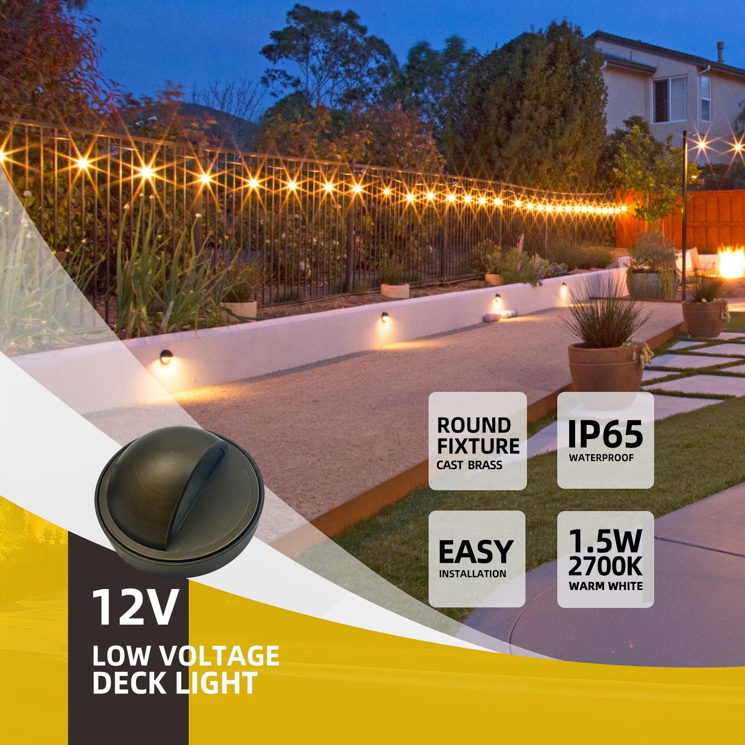 Outdoor landscape setting illuminated with 12V low voltage cast brass deck lights featuring easy installation, IP65 waterproof rating, and 1.5W 2700K warm white light.