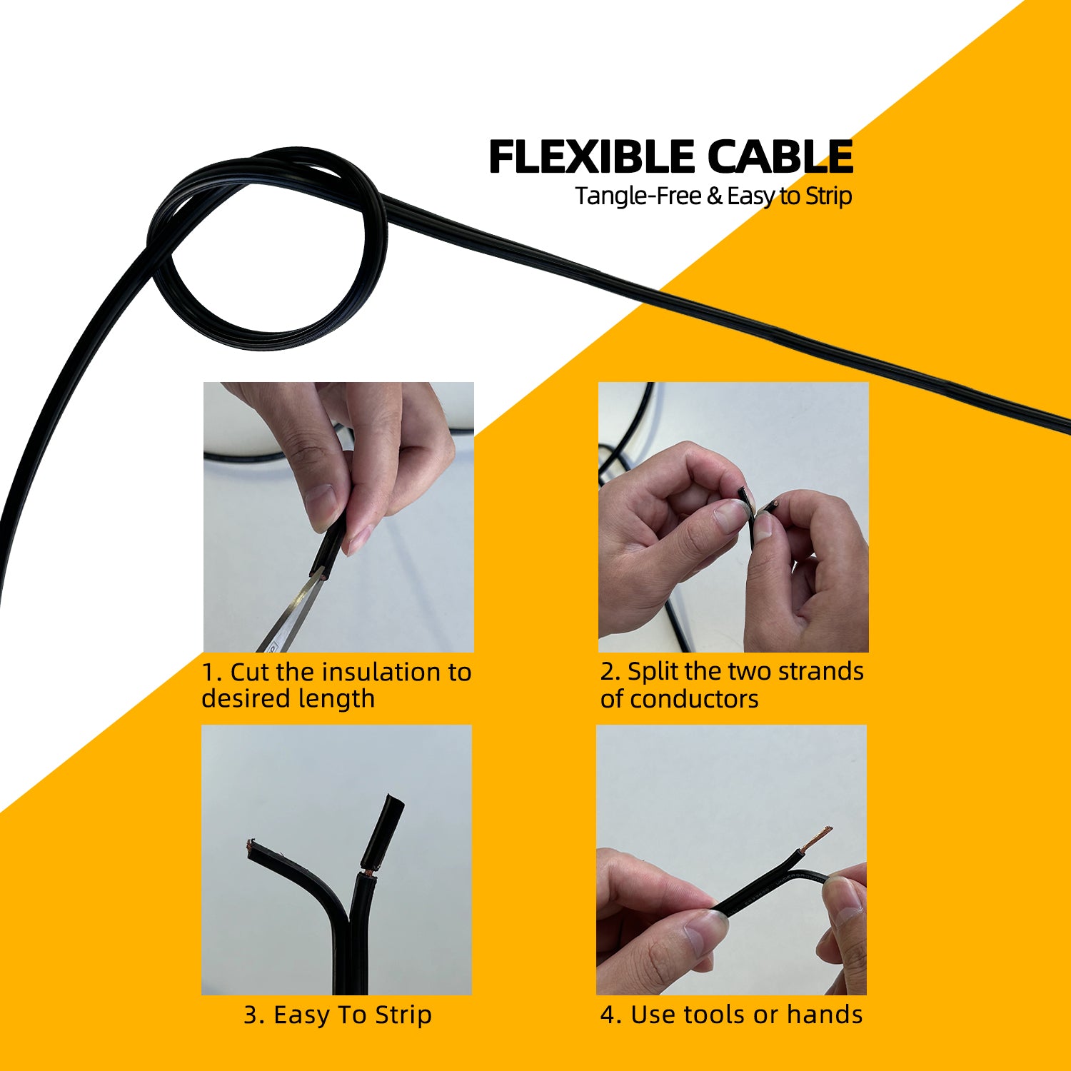 Instructional steps for 10 Gauge Low Voltage 2 Conductor Outdoor Landscape Direct Burial Electrical Cable: cut insulation to desired length, split two conductor strands, easy to strip, use tools or hands. Flexible and tangle-free.
