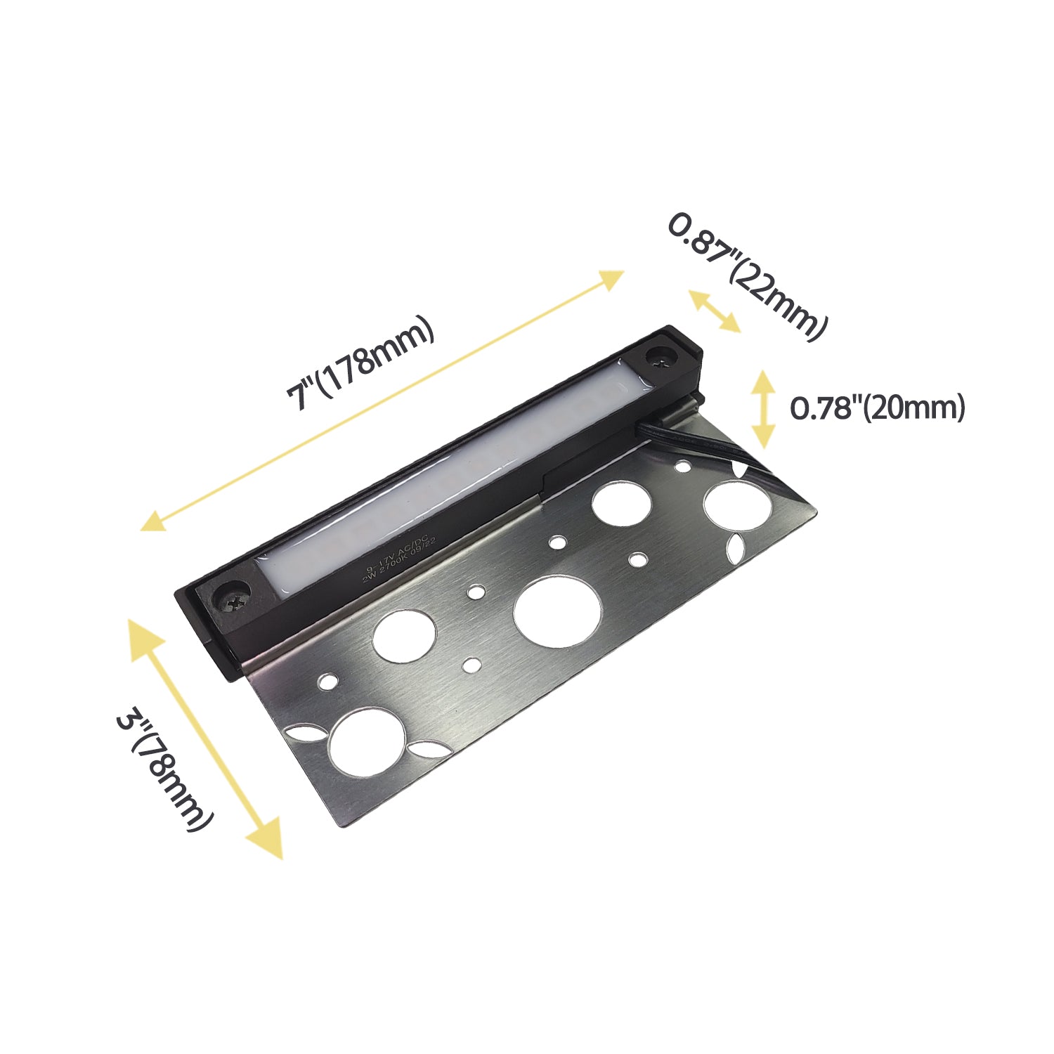 7 Inch aluminum LED hardscape light with outlined dimensions, including a 7 inch length, 0.87 inch width, and 0.78 inch height, suitable for outdoor step lighting COH202B from COLOER