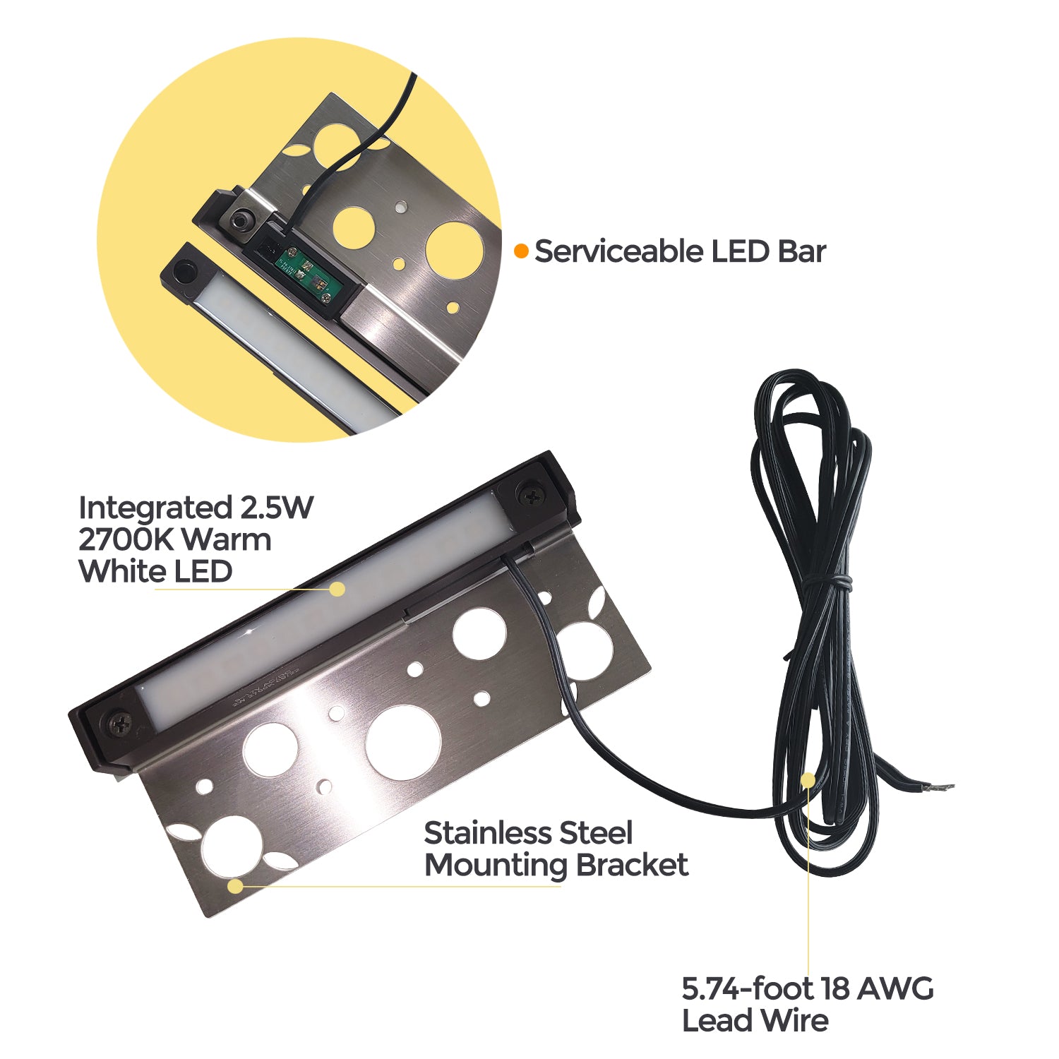7-inch LED aluminum hardscape light with integrated 2.5W 2700K warm white LED, serviceable LED bar, stainless steel mounting bracket, and 5.74-foot 18 AWG lead wire.