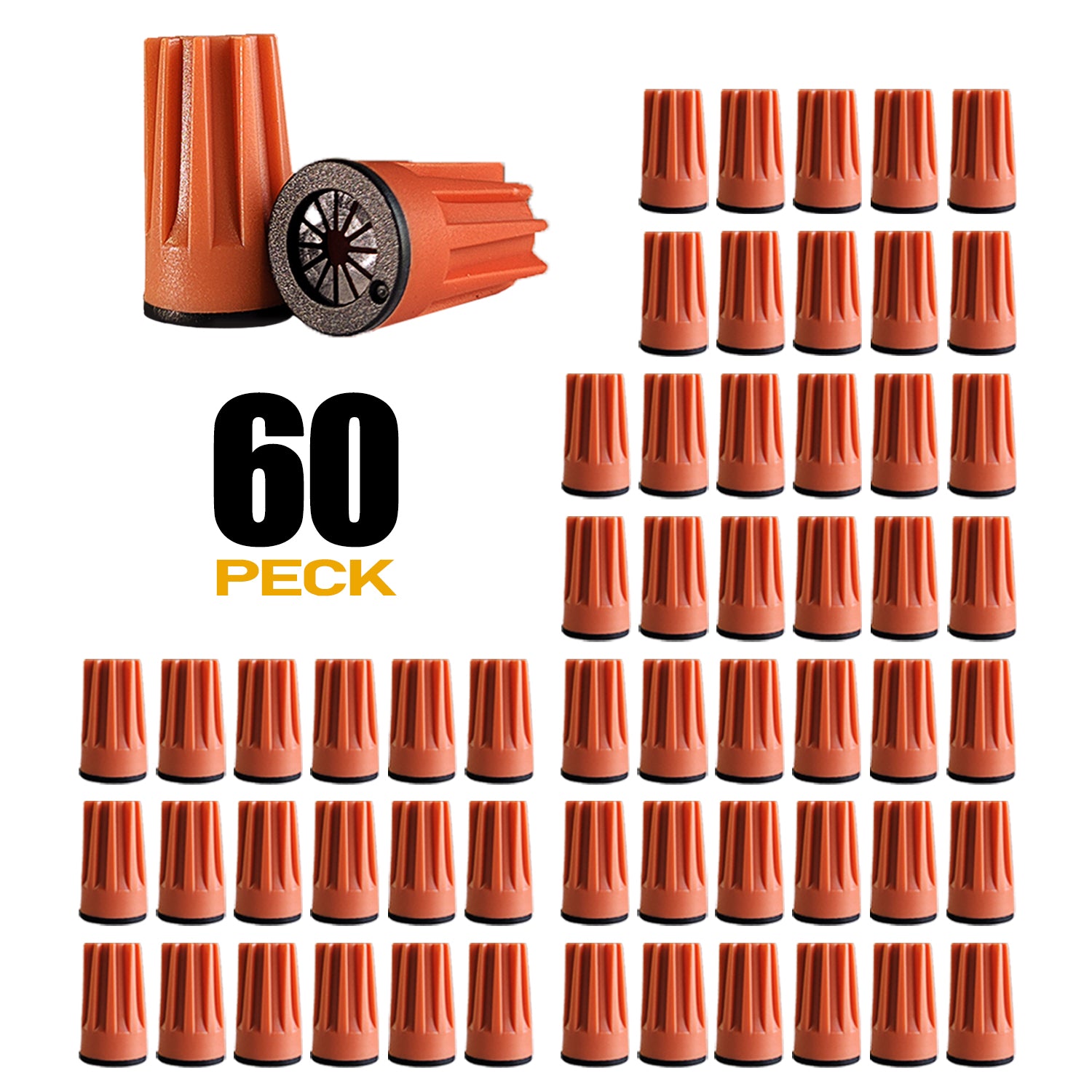Bulk set of 60 PECK orange wire tap connectors for 12-20 gauge landscape lighting cable, arranged neatly showing design detail