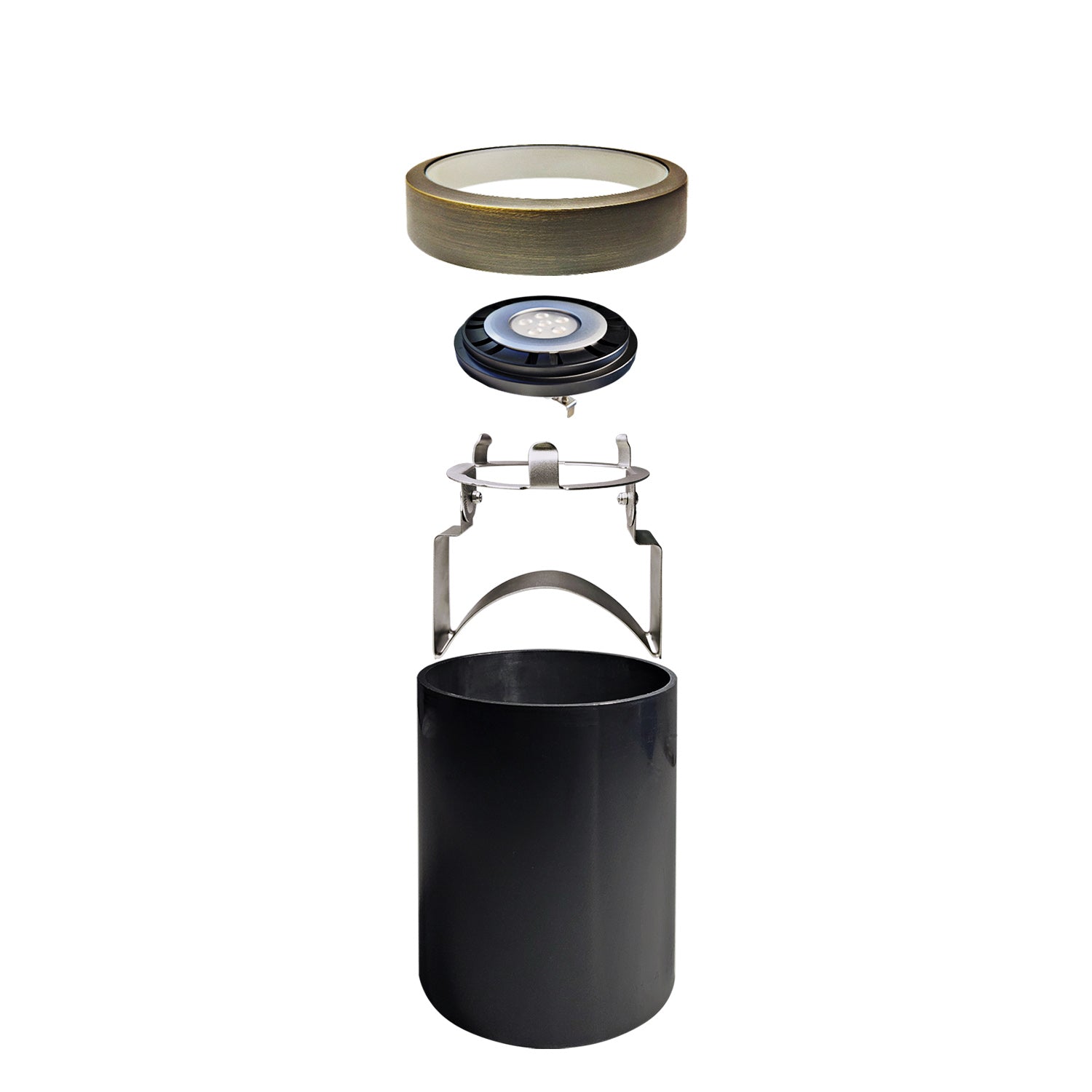 LED outdoor low voltage in-ground well light COG302B components for pathway lighting.