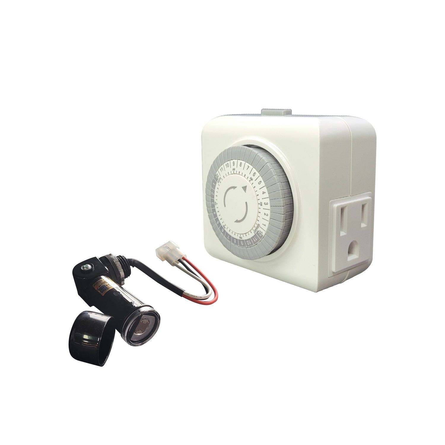 Mechanical plug-in timer and black photocell sensor for low voltage transformer, featuring a circular dial and three-pin male connector for easy setup and use.