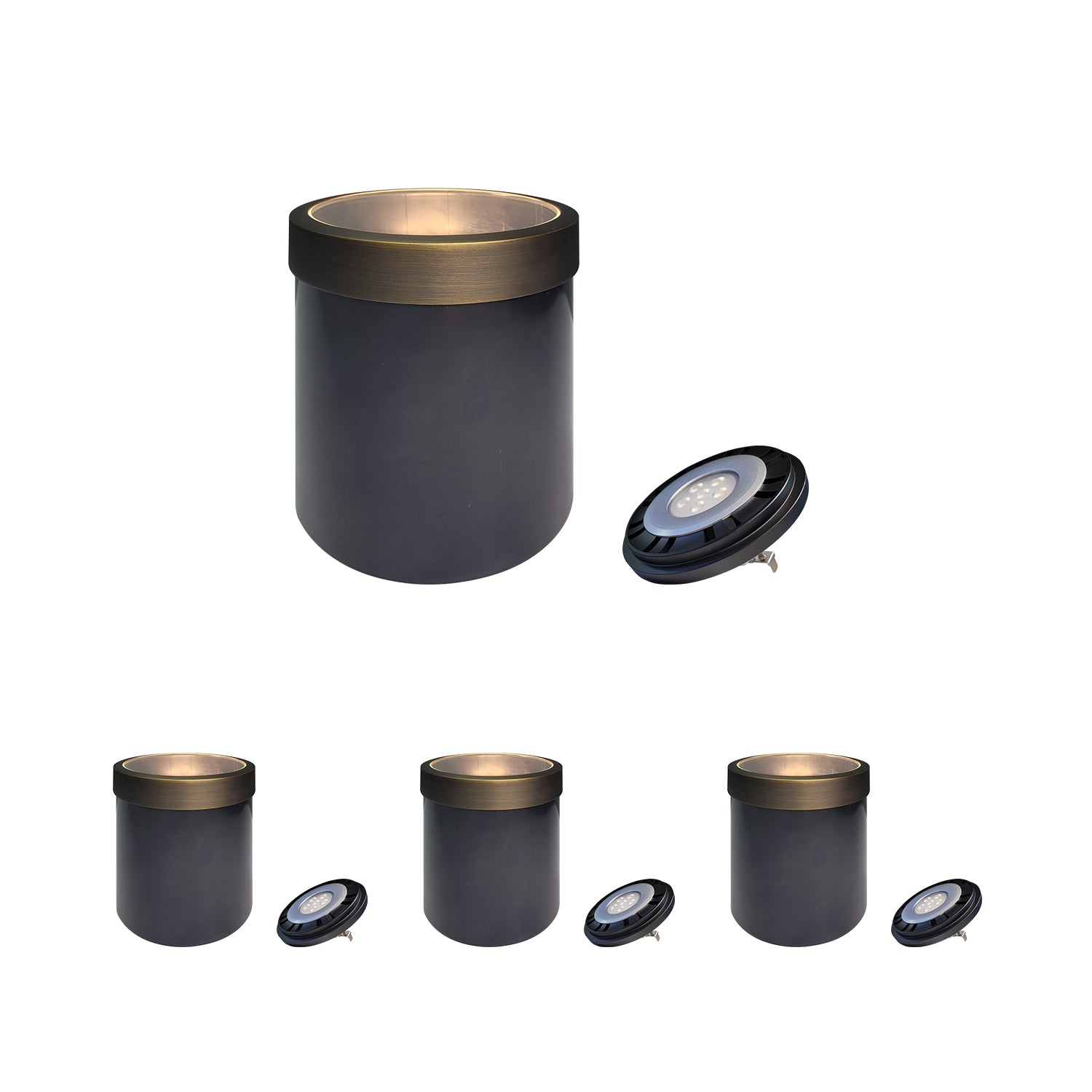LED outdoor low voltage COG302B in-ground well light with a dark metallic cylindrical spotlight and detached LED bulb, shown in multiple angles for pathway lighting.