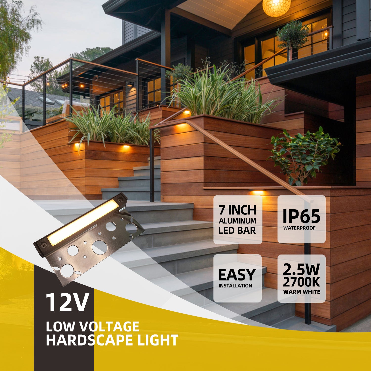 Modern outdoor stairway featuring integrated 7-inch aluminum LED hardscape lights providing 2700K warm white illumination, highlighting key features: IP65 waterproof, easy installation, and 2.5W power.