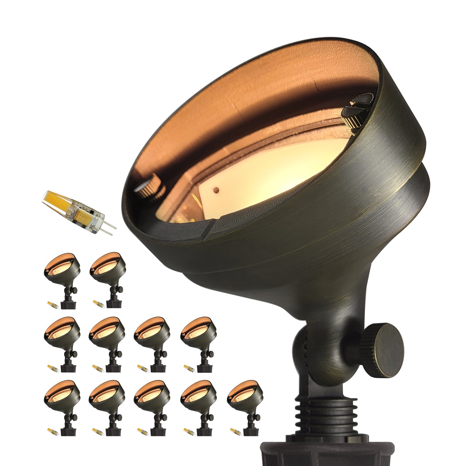 Brass outdoor flood light for landscape wall washing, model COF501B, with low voltage design and multiple units displayed.