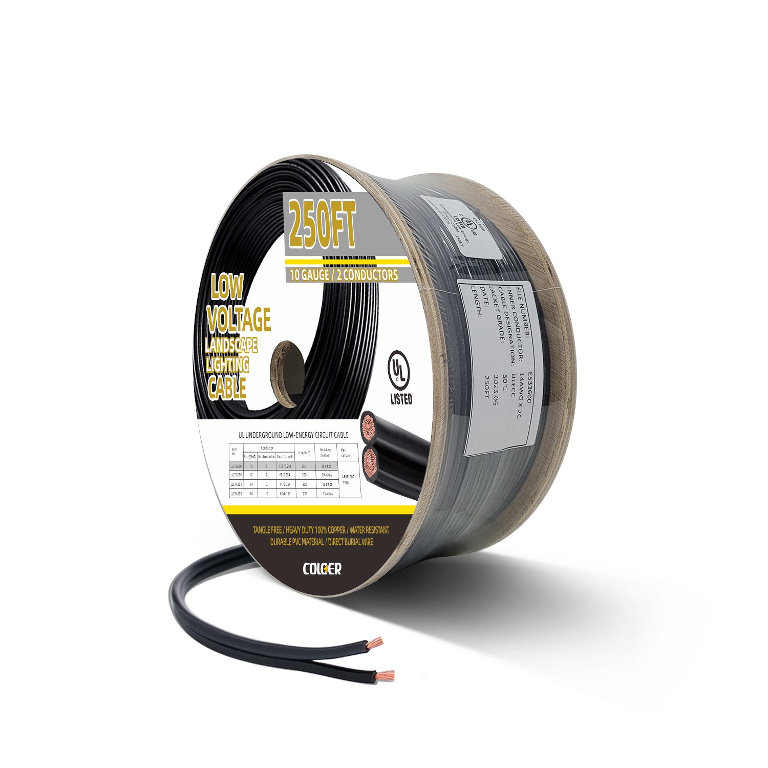Spool of COLOER 10 Gauge Low Voltage 2 Conductor Outdoor Landscape Direct Burial Electrical Cable, 250 feet length for landscape lighting installations