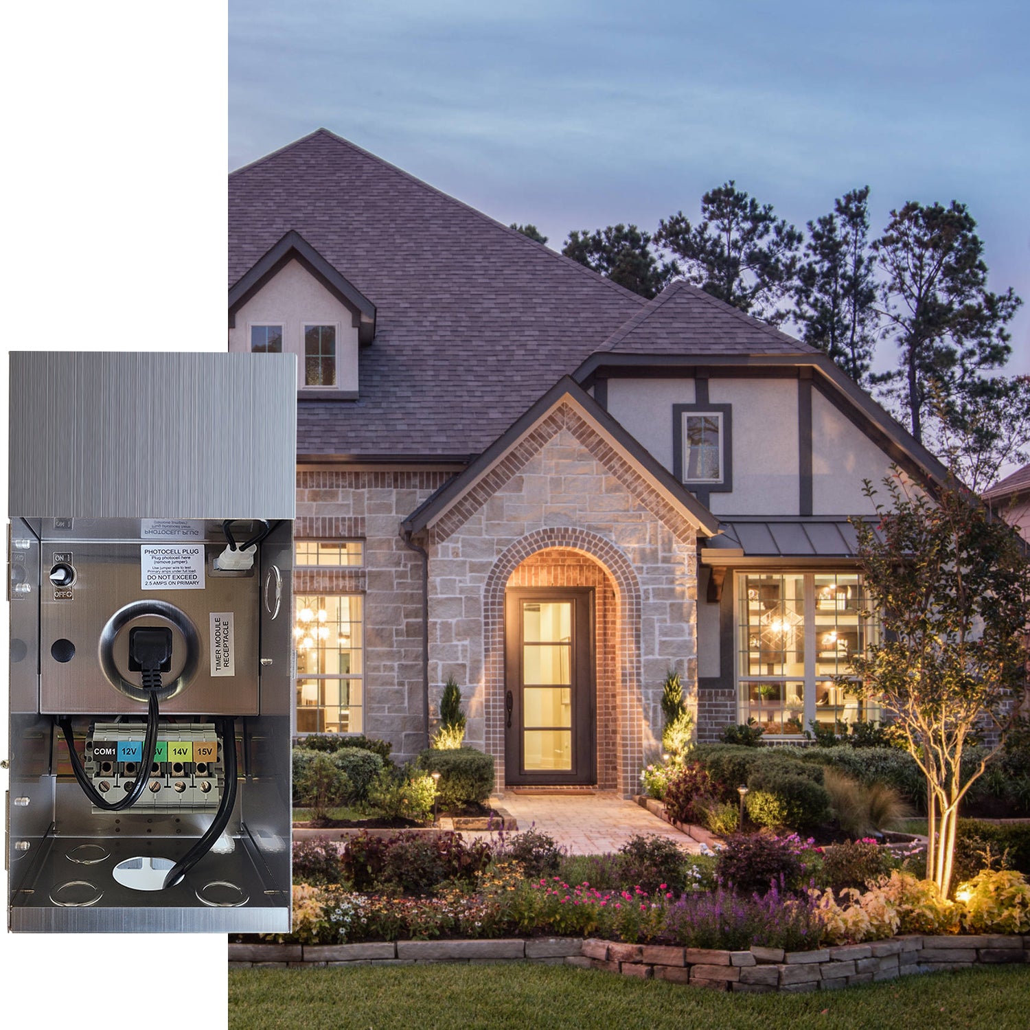 Beautiful house illuminated with landscape lighting at dusk, showcasing the 300W Multi-Tap Low Voltage Transformer COT705S used for installation.