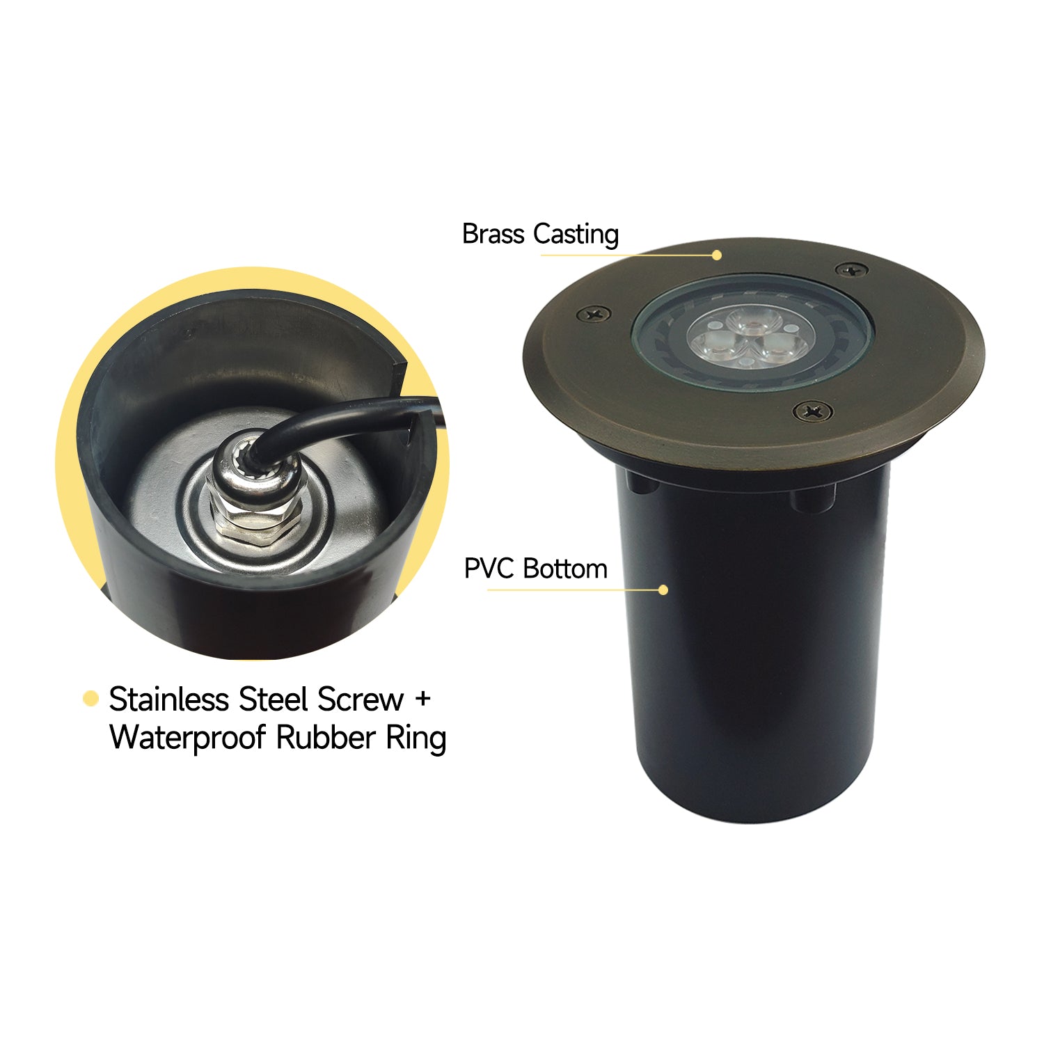 Brass LED in-ground well light COG303B with PVC bottom, stainless steel screw, and waterproof rubber ring