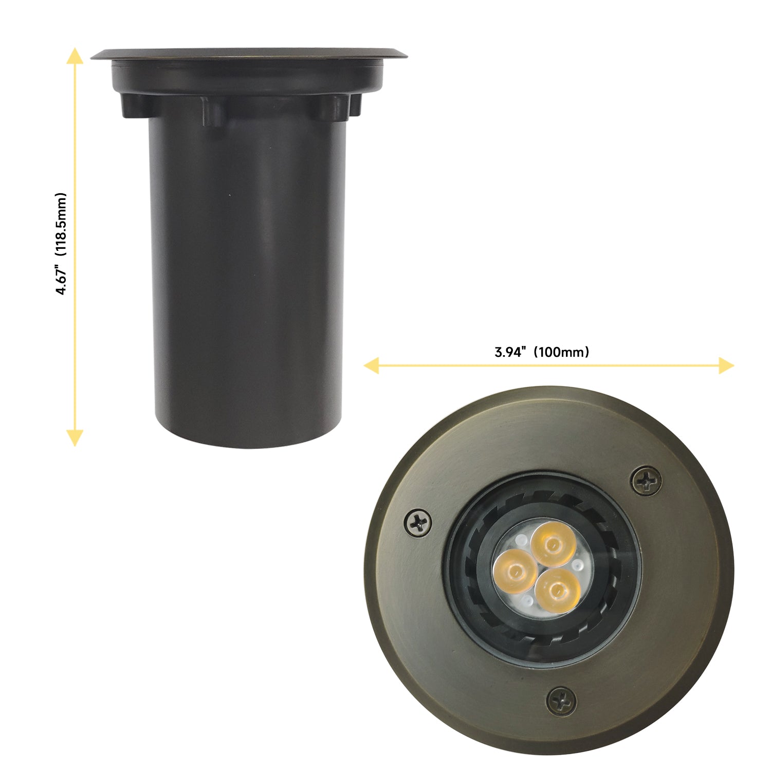 Brass LED in-ground well light COG303B with dimensions of 4.67 inches height and 3.94 inches diameter, showcasing both side and top views.