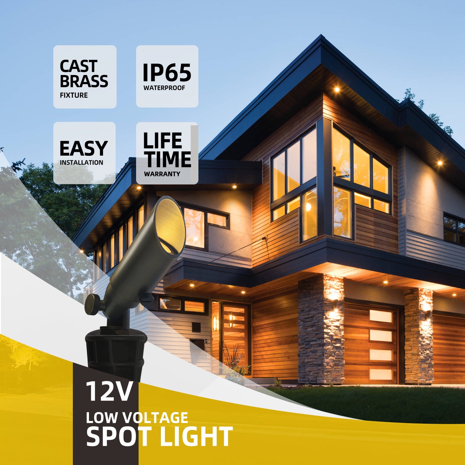 12V low voltage spot light with cast brass fixture, IP65 waterproof rating, easy installation, and lifetime warranty, illuminating a modern house exterior