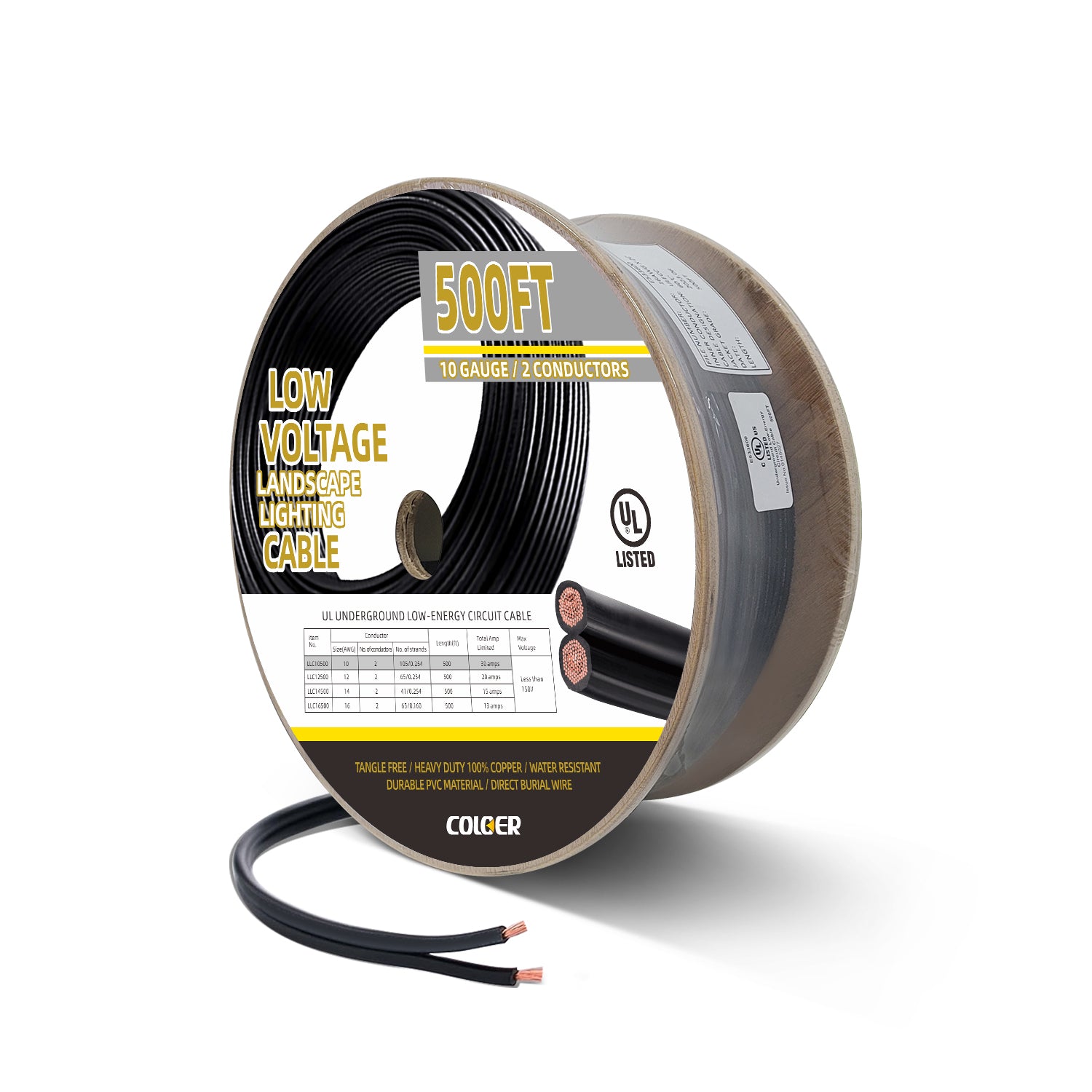 500ft spool of 10 gauge low voltage landscape lighting cable with two conductors by COLOER, UL listed, for durable outdoor lighting installations