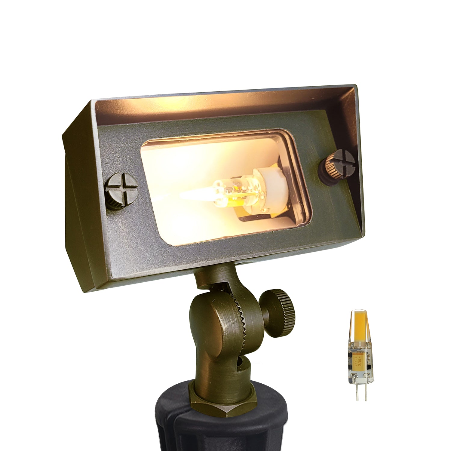 Brass outdoor flood light COF502B, low voltage landscape wall wash lighting mini rectangular fixture with illuminated bulb.