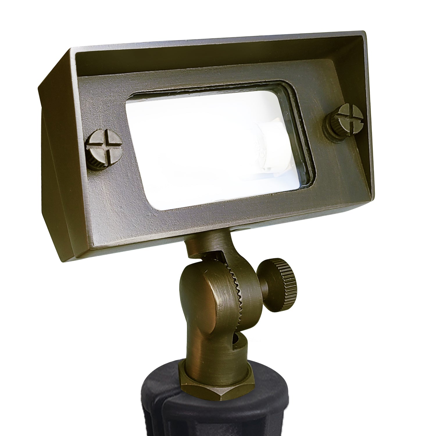 Brass outdoor flood light COF502B for low voltage landscape wall wash lighting, mini rectangular design.