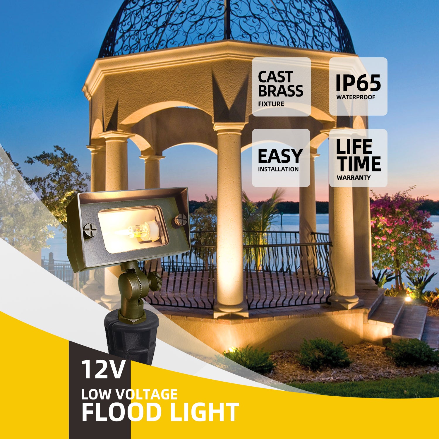 Mini brass outdoor rectangular flood light COF502B, 12V low voltage landscape wall wash lighting, showcasing features including cast brass fixture, IP65 waterproof, easy installation, and lifetime warranty in front of a lit pavilion.