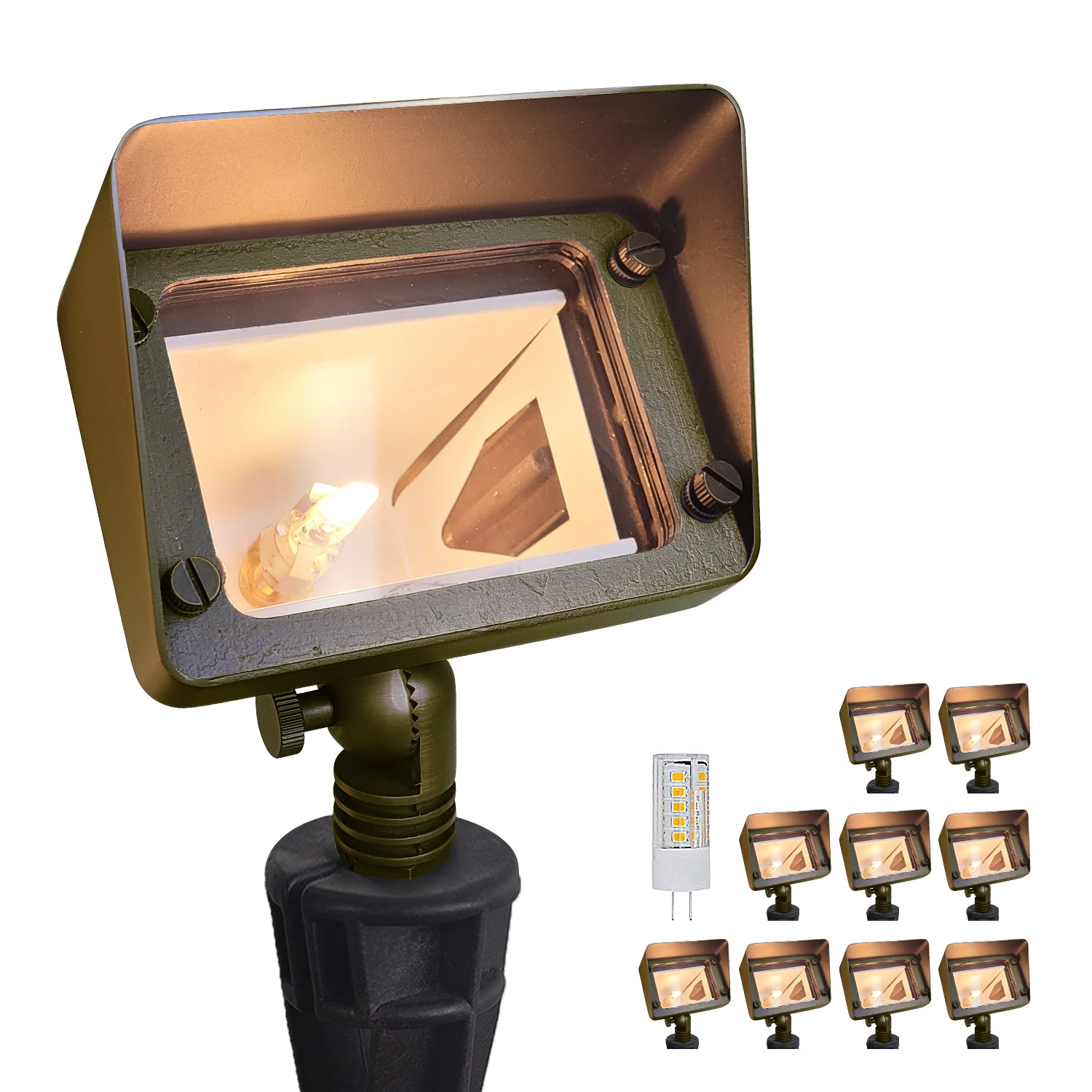 Brass rectangular flood light for low voltage landscape lighting mounted on outdoor wall
