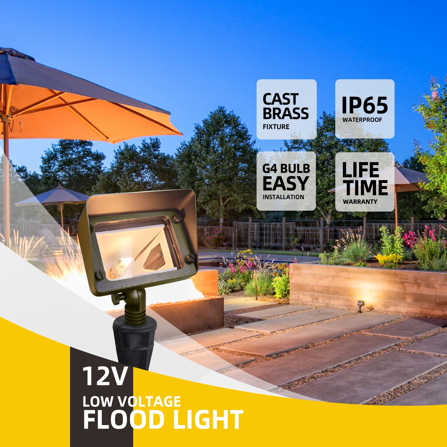 Low Voltage LED Brass Flood Light in outdoor patio with garden illumination, featuring cast brass fixture, IP65 waterproof, G4 bulb easy installation, and lifetime warranty
