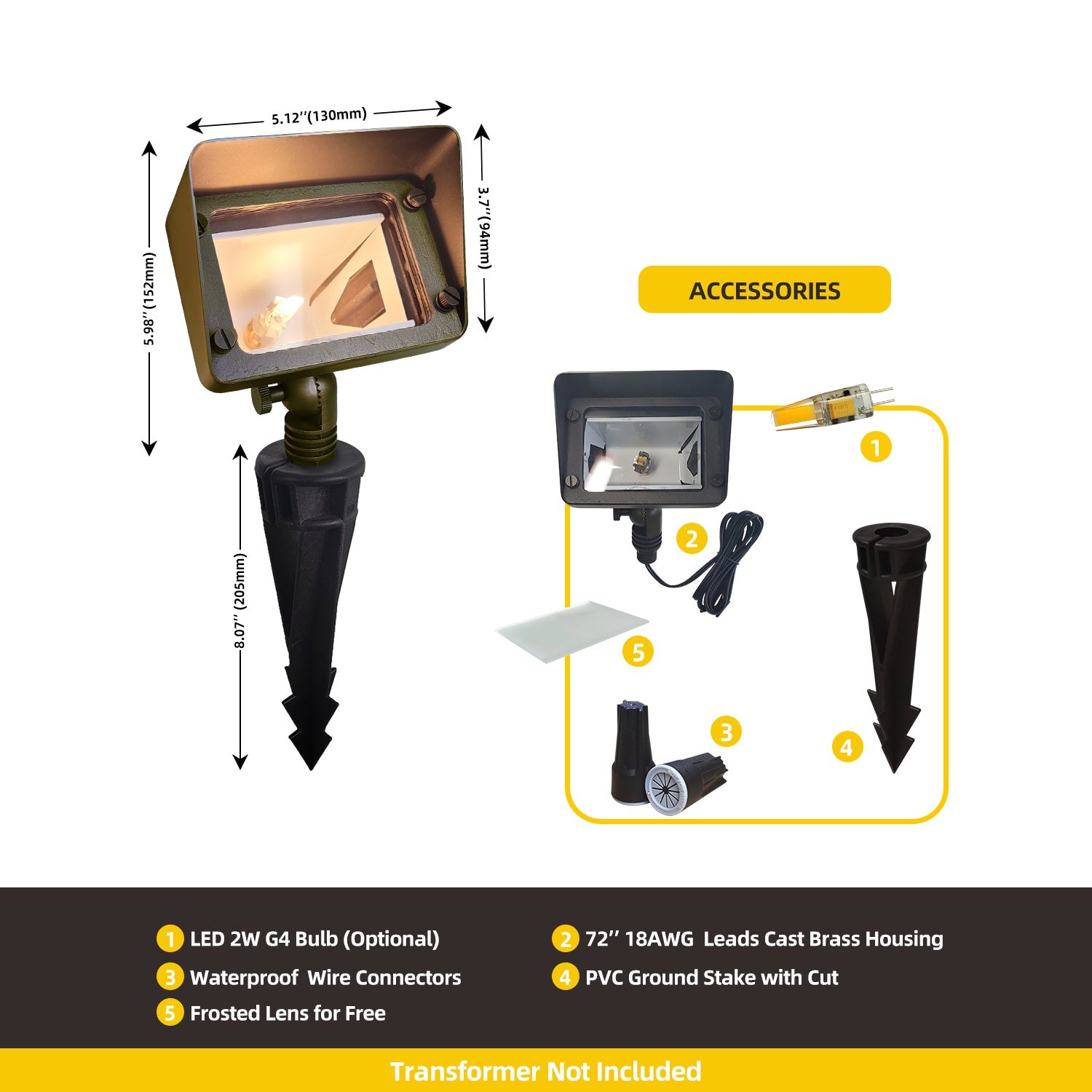 Dimensions and features of COF503B Low Voltage LED Brass Rectangular Flood Light with optional LED 2W G4 bulb, 72-inch 18AWG leads cast brass housing, waterproof wire connectors, and free frosted lens