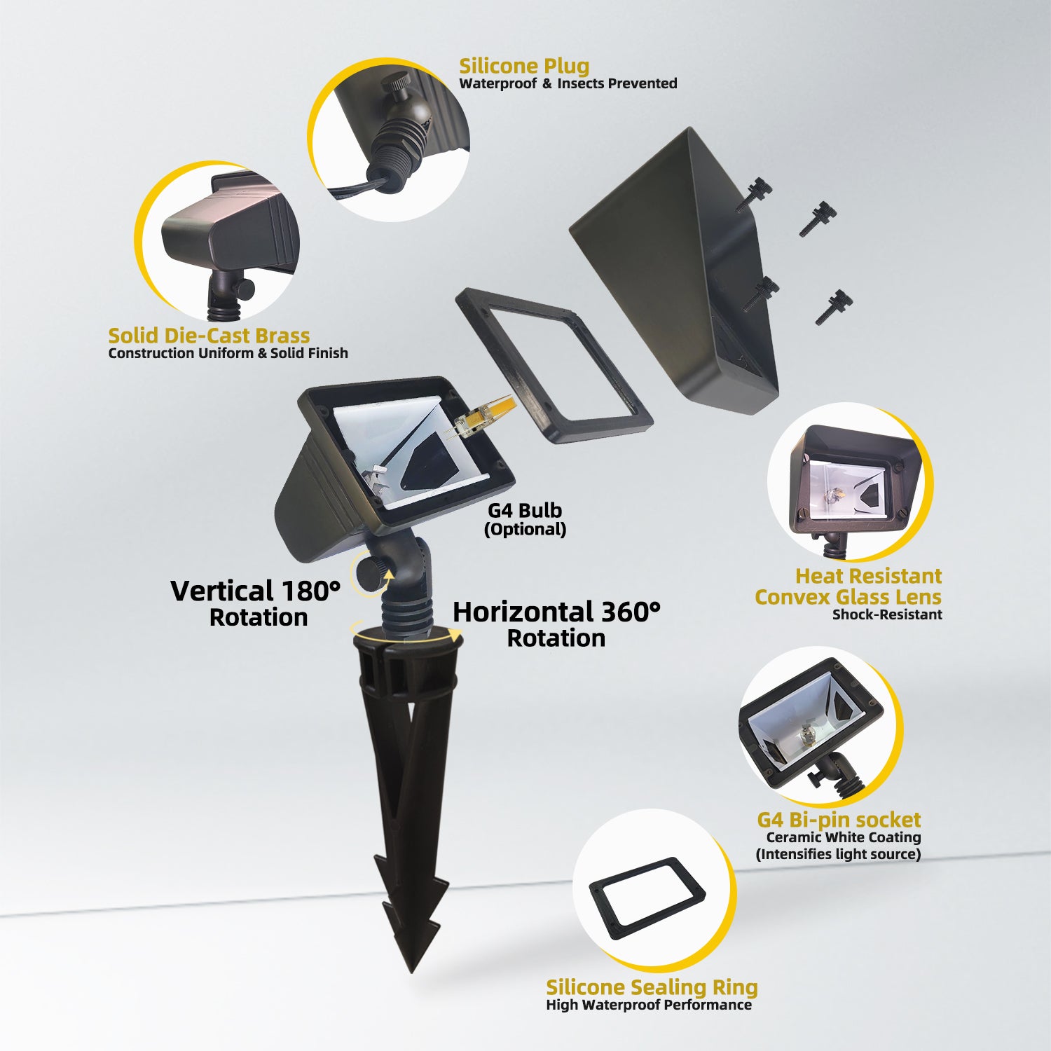 Exploded view of COF503B Brass Rectangular Low Voltage LED Flood Light showing components including silicone plug, die-cast brass construction, G4 bulb, rotation features, heat resistant glass lens, G4 bi-pin socket, and silicone sealing ring.