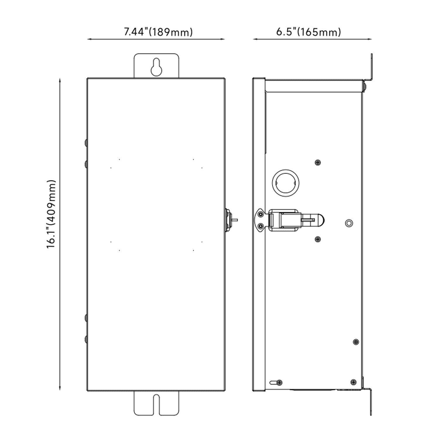 Technical drawing of 600W Multi-Tap Low Voltage Transformer for Outdoor Landscape Lighting COT703S with dimensions