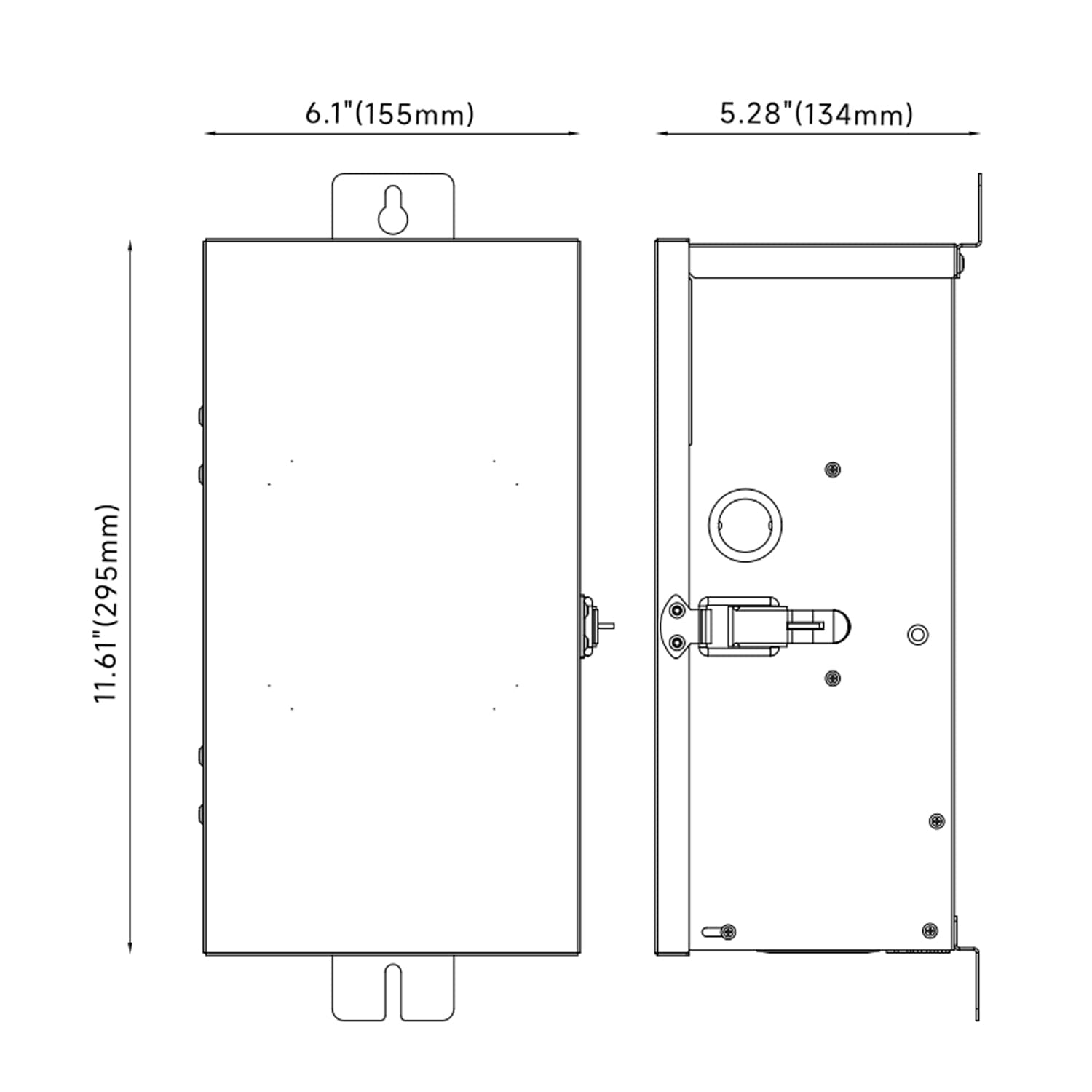 Technical illustration and dimensions of the 300W Multi-Tap Low Voltage Transformer for Outdoor Landscape Lighting COT705S