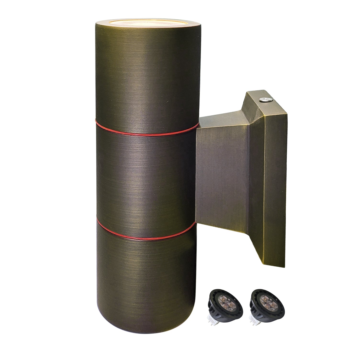 Brass outdoor wall sconce with up and down lighting for low voltage landscape exterior, model COL1301B