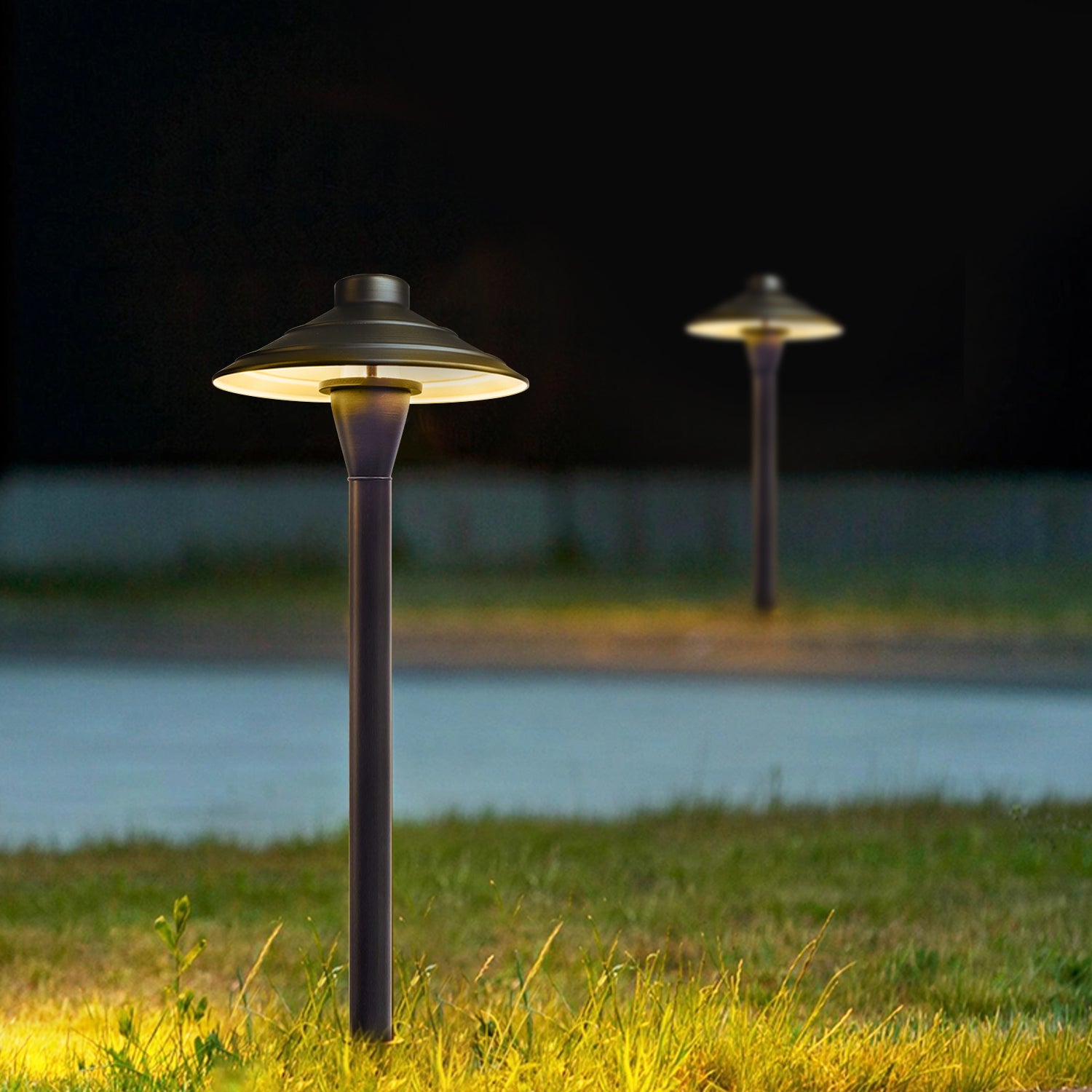 Brass LED low voltage landscape pathway lights illuminating garden at night, highlighting warm light on grass