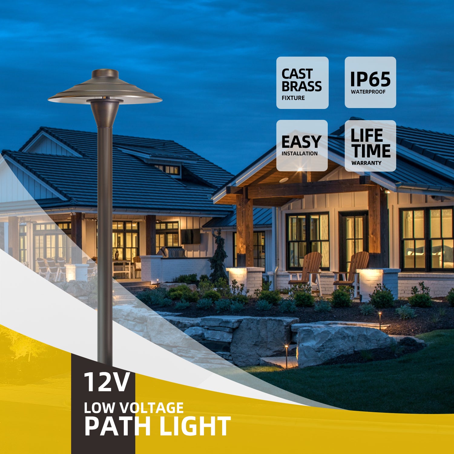 12V low voltage LED garden pathway light emphasizing cast brass fixture, IP65 waterproof, easy installation, and lifetime warranty in residential yard at dusk