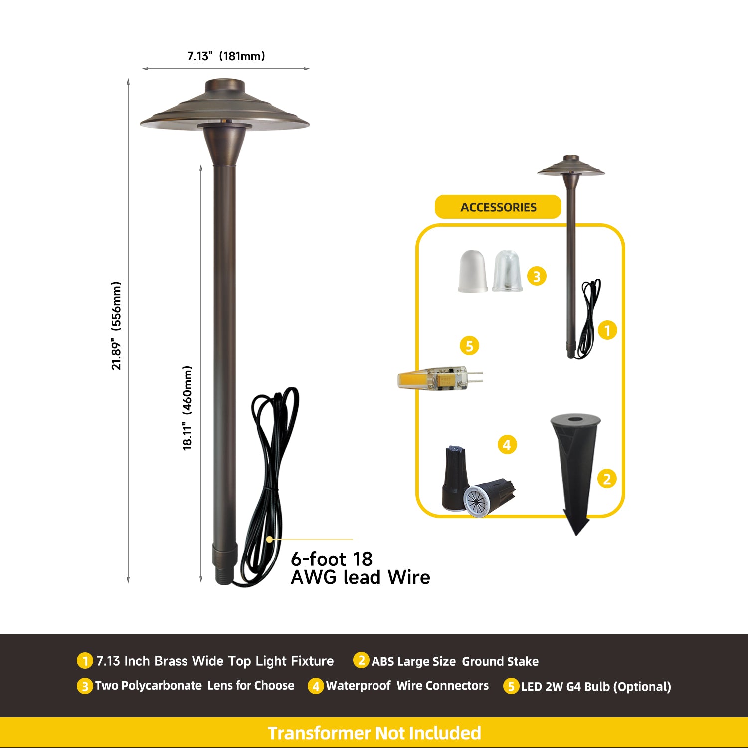 Brass outdoor garden pathway light with 7.13-inch wide top, 21.8 inches height, 6-foot wire, including optional LED bulb, ground stake, and wire connectors. Transformer not included.