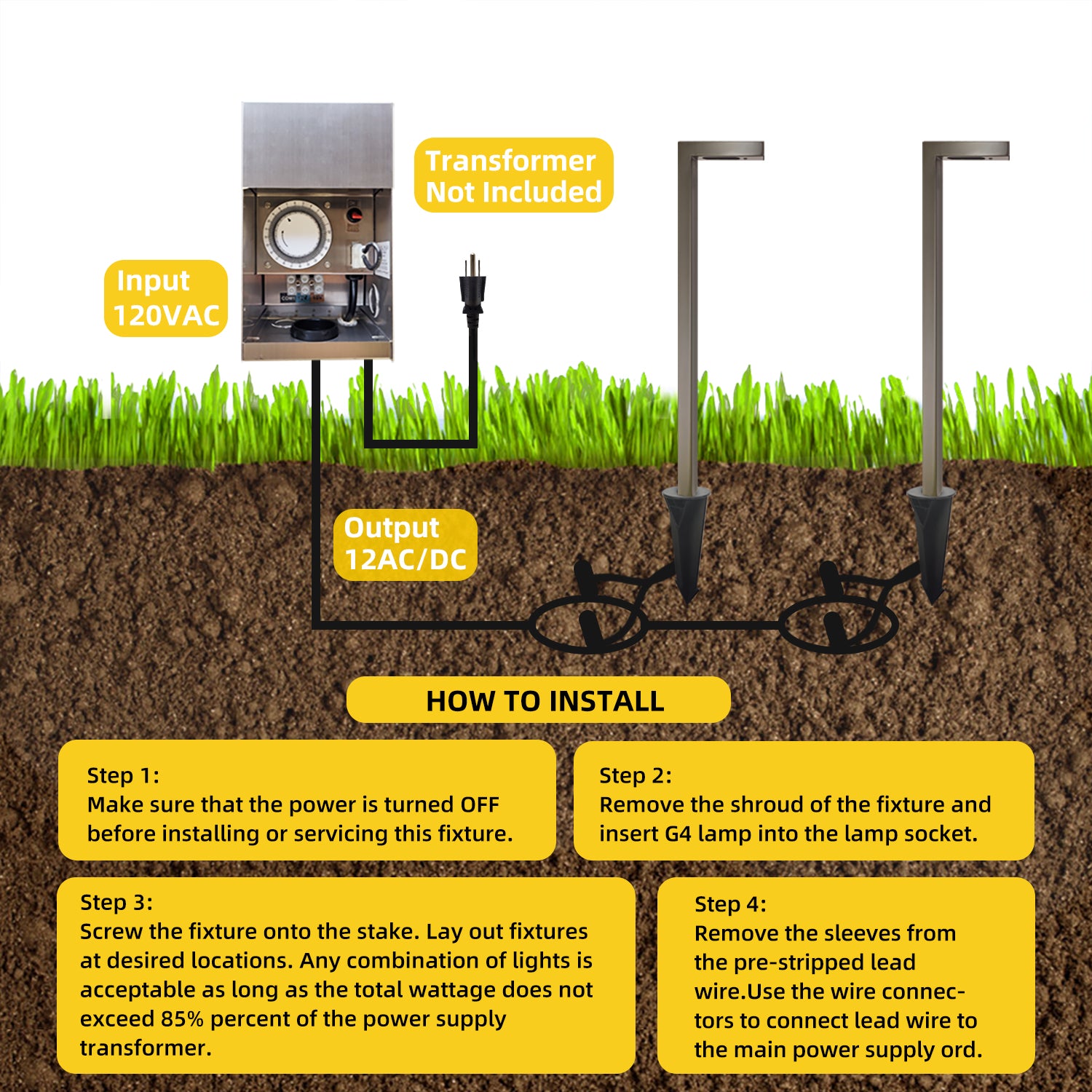 Installation guide for low voltage outdoor brass path lights, showing transformer, input/output, and steps for installing the lights in garden soil.