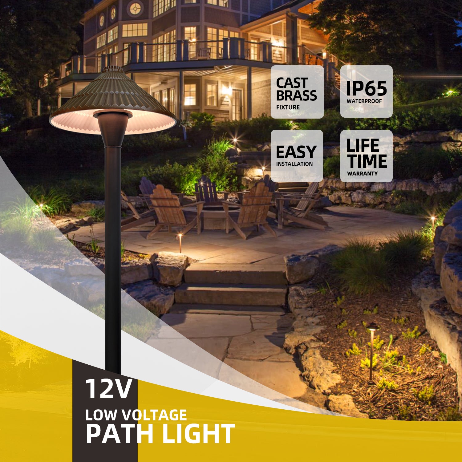 Brass LED pathway light illuminating a garden path at night with key features like cast brass fixture, IP65 waterproof, easy installation, and lifetime warranty