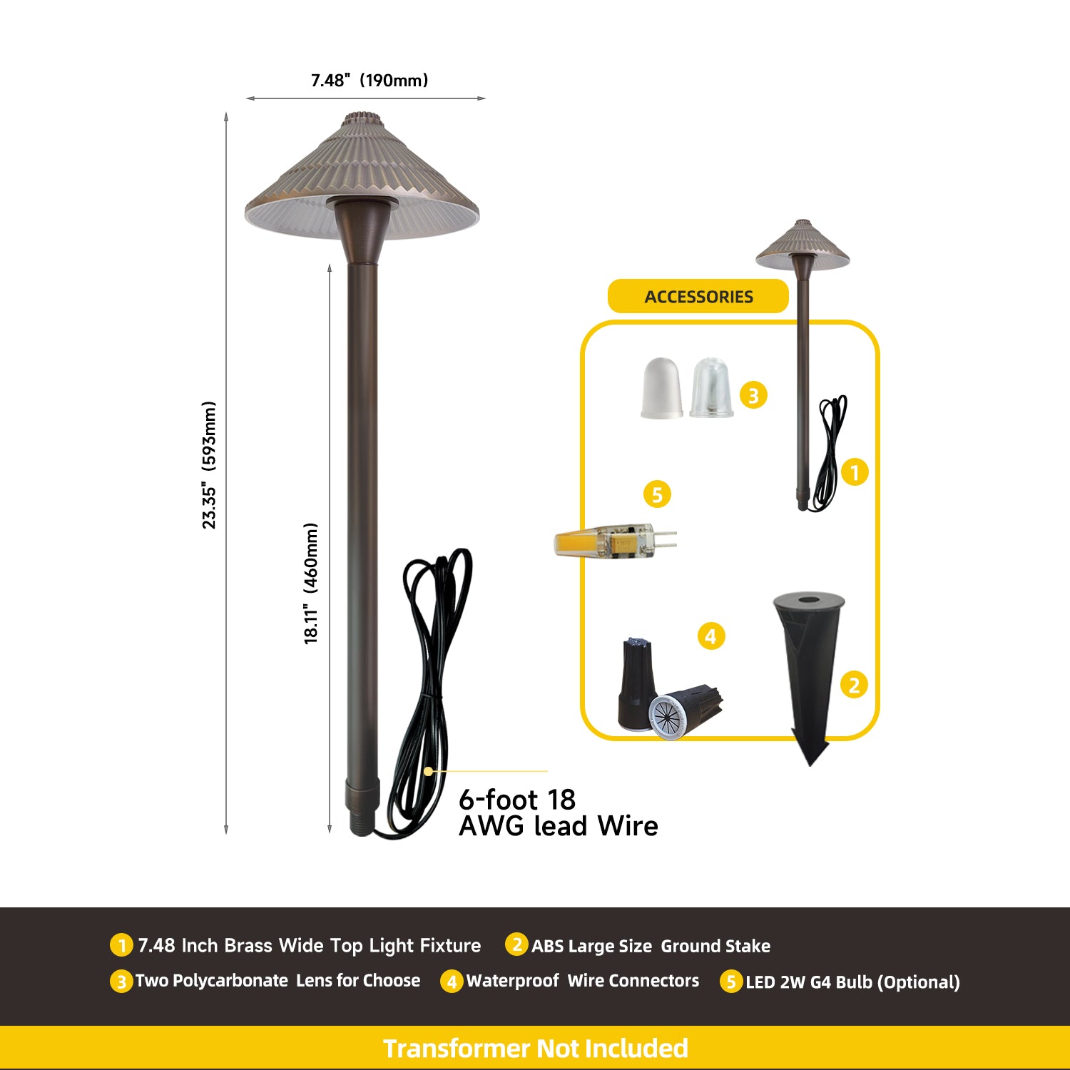 Solid brass LED pathway light with accessories including ground stake, wire connectors, and 2W G4 bulb with dimensions and specifications