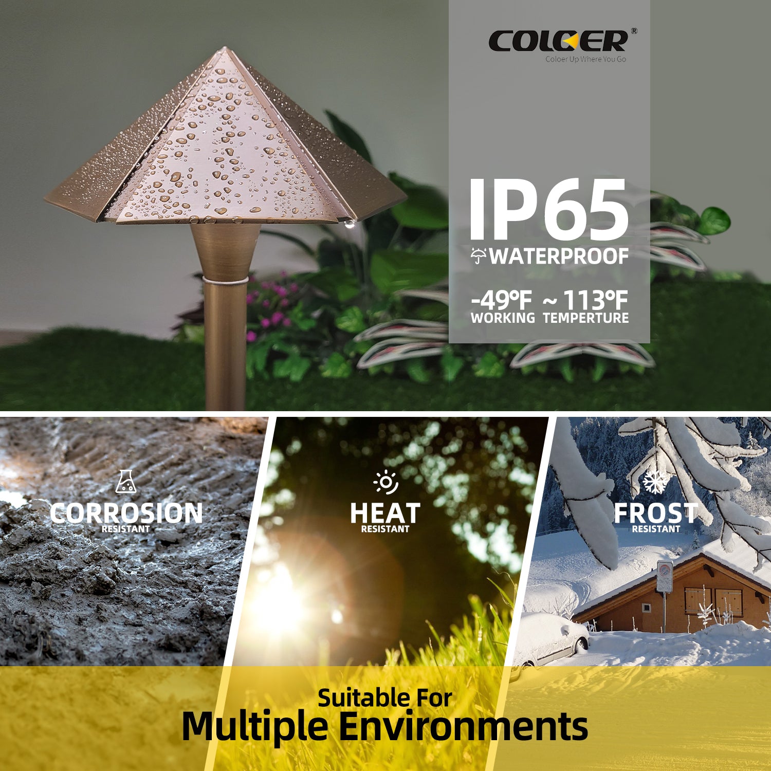 COLOER 12V low voltage pathway lights showcasing IP65 waterproof rating and resistance to corrosion, heat, and frost, suitable for multiple environments.