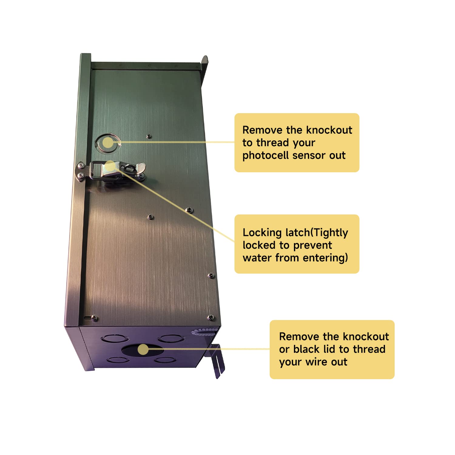 300W Multi-Tap Low Voltage Transformer for Outdoor Landscape Lighting with knockout threading for photocell sensor and wire, and locking latch feature.