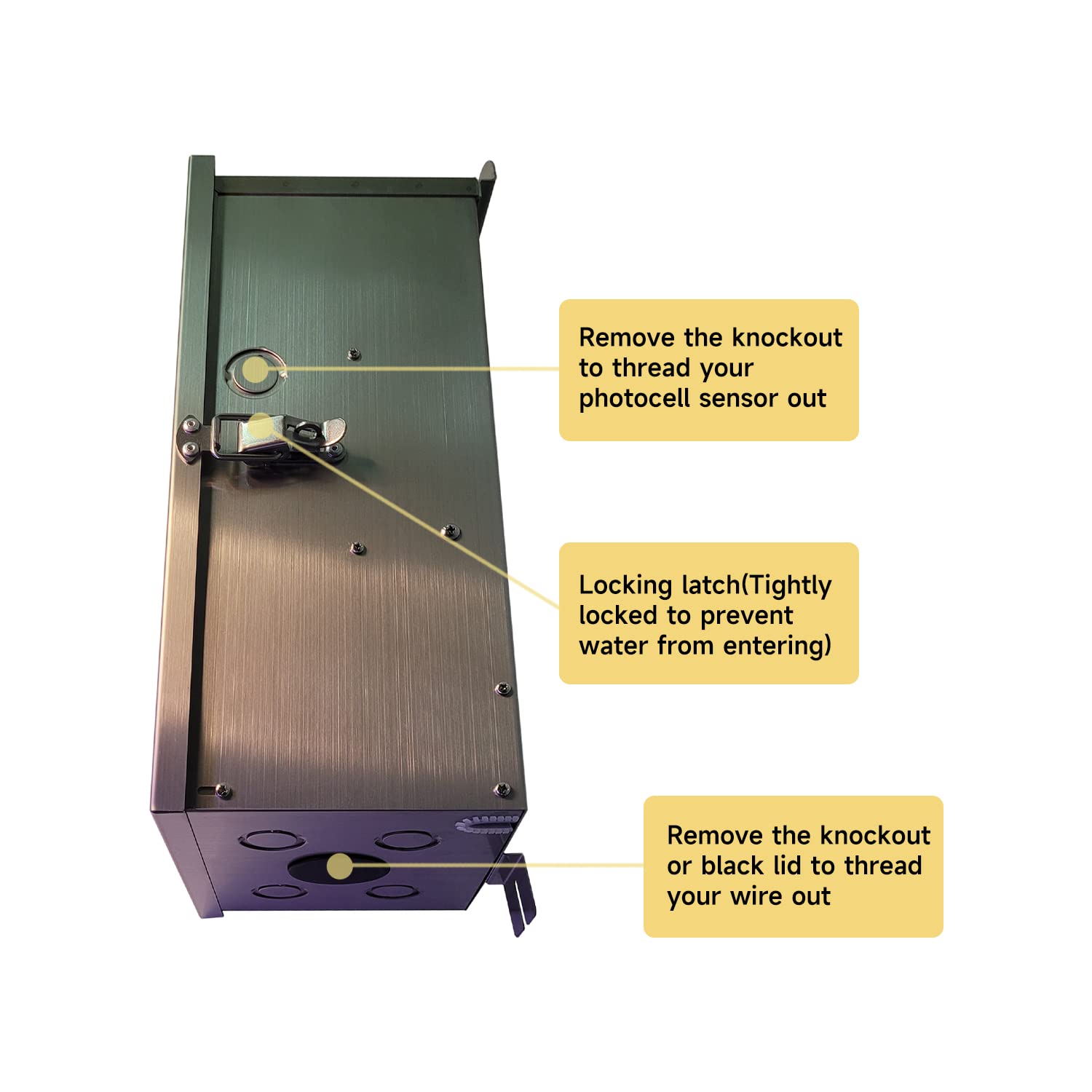 600W multi-tap low voltage transformer for outdoor landscape lighting with locking latch and sensor knockouts.