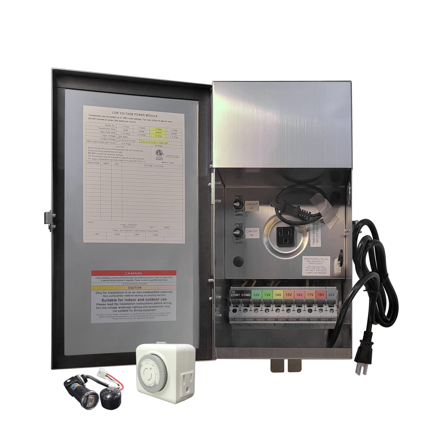 600W Multi-Tap Low Voltage Transformer COT703S for Outdoor Landscape Lighting with Timer and Photo Sensor