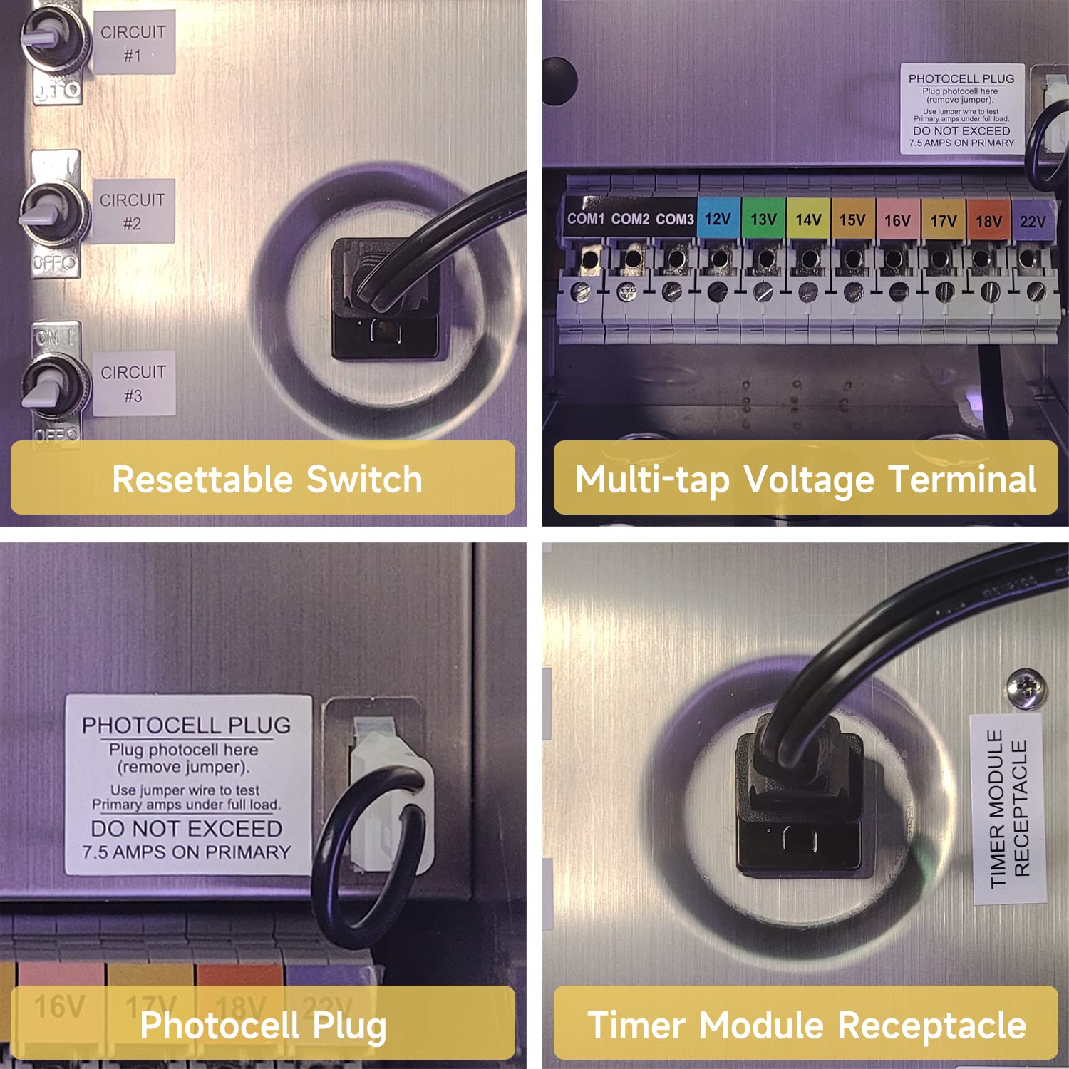 900W Multi-Tap Low Voltage Transformer features including Resettable Switch, Multi-t